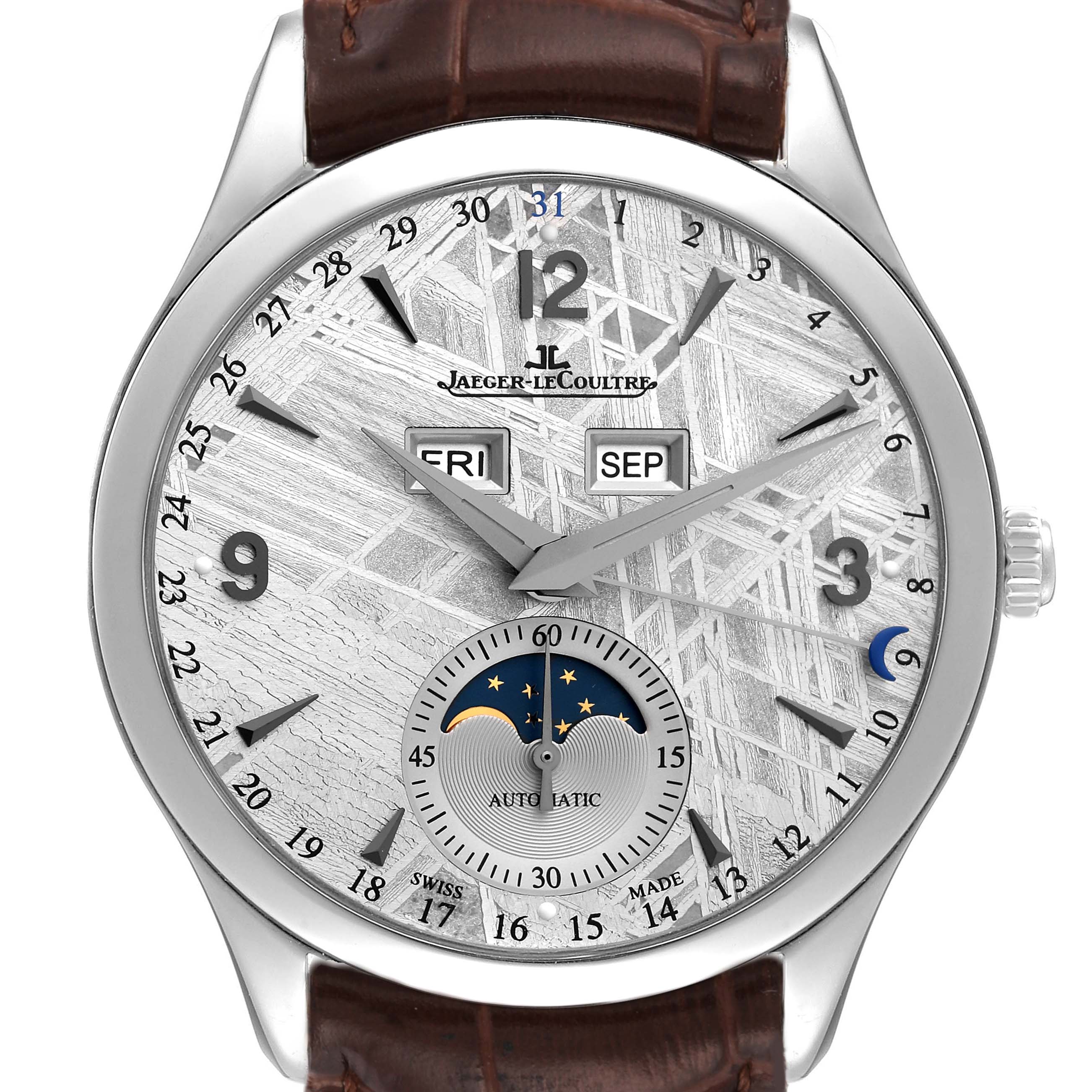 The Jaeger LeCoultre Master Q1558421 Men's Stainless Steel White Dial Q1558421 Men's Stainless Steel White Dial model watch is shown from a front angle, displaying the dial, moon phase, date, and day indicators.