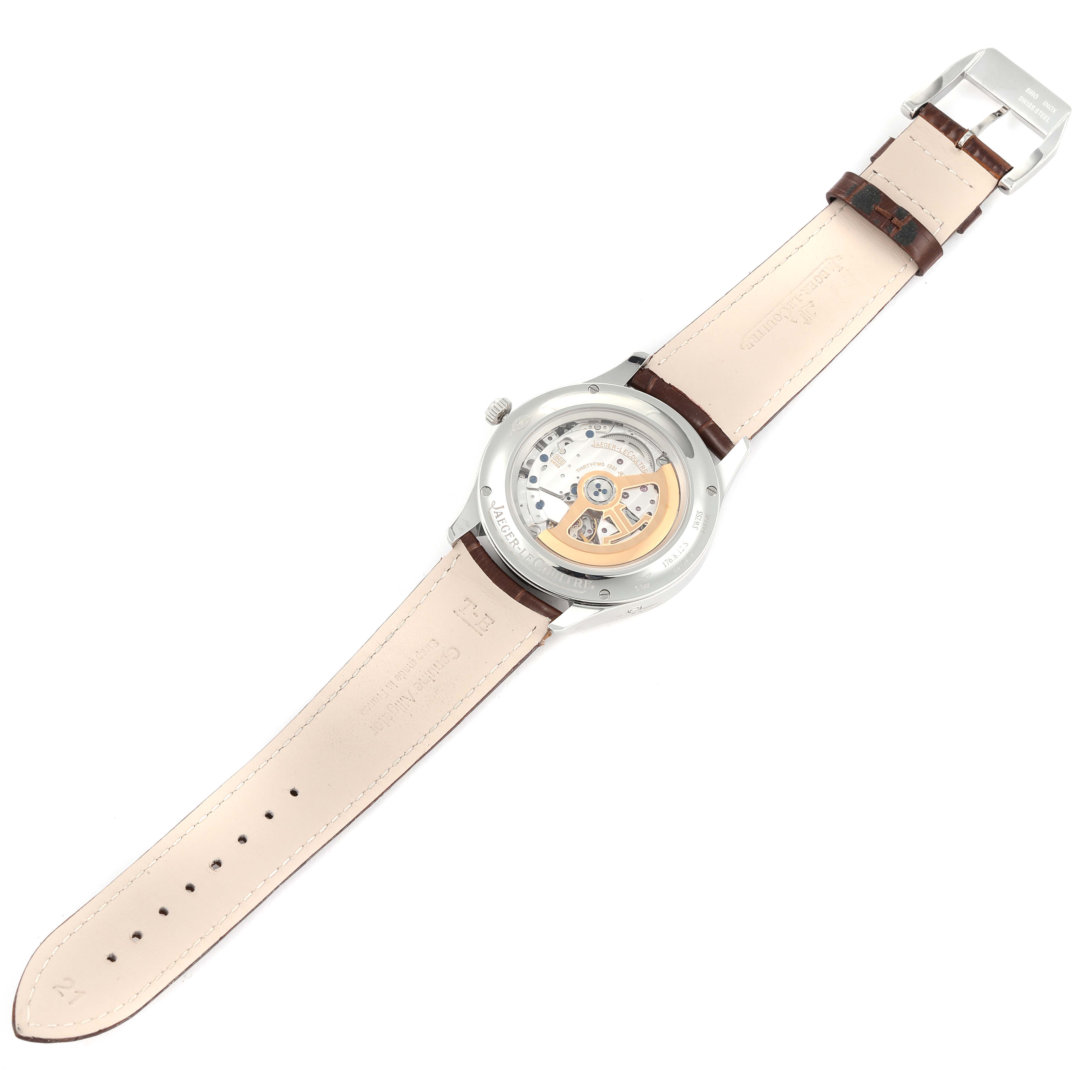 The image shows the back view of the Jaeger-LeCoultre Master model watch, highlighting its open case back and leather strap.