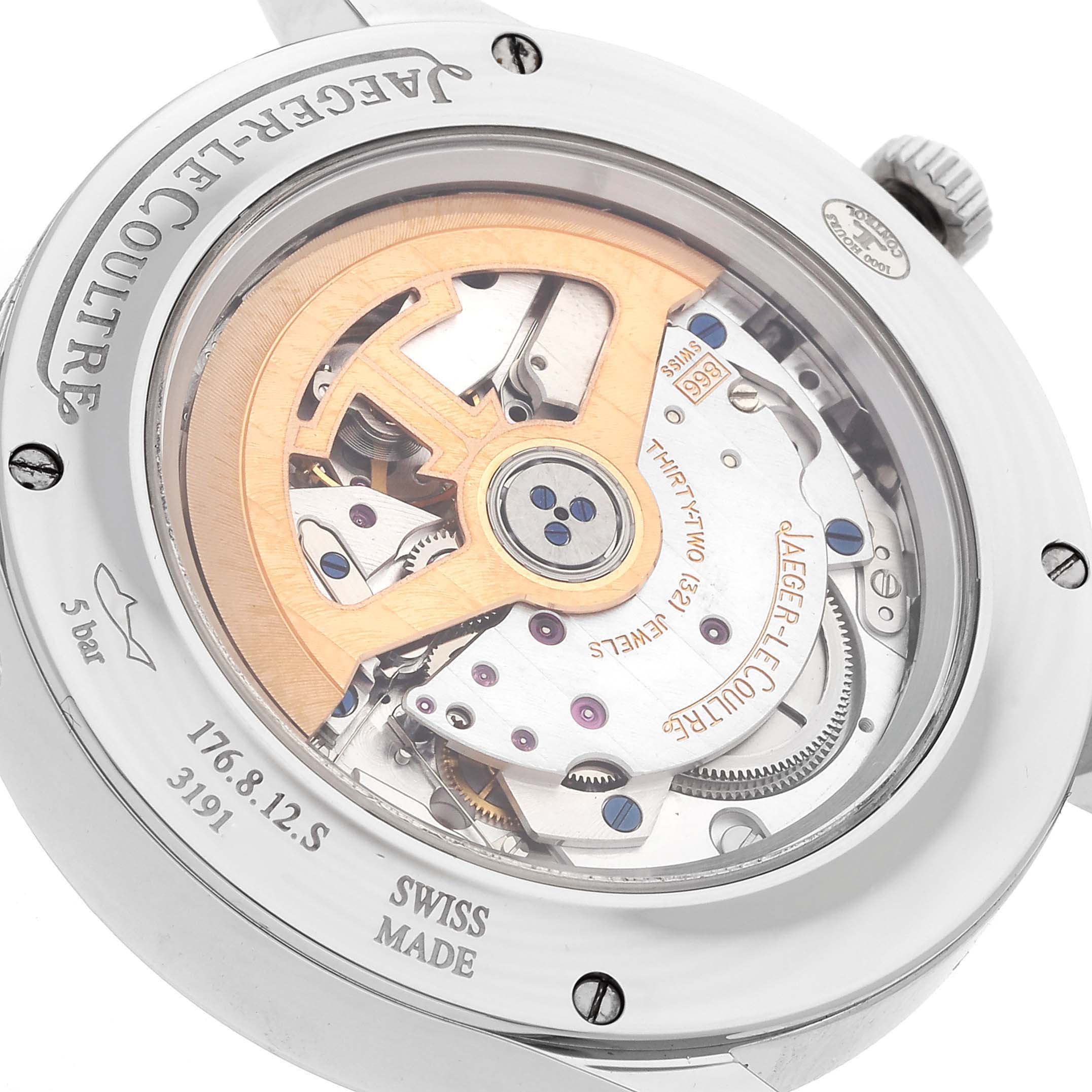 The image shows the back view of the Jaeger-LeCoultre Master model watch, displaying its internal mechanical movement.
