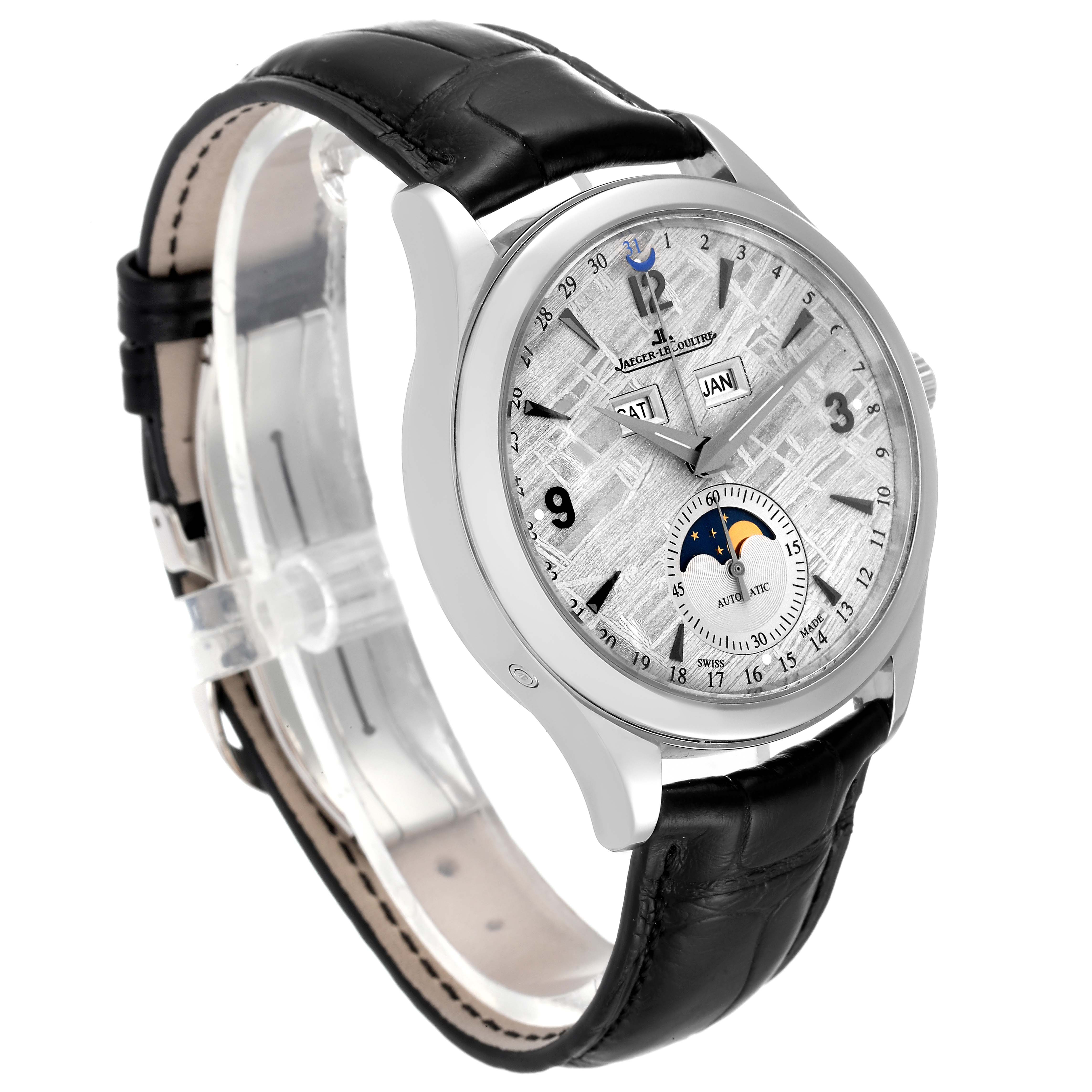 The Jaeger LeCoultre Master Q1558421 Men
s Stainless Steel Silver Dial Q1558421 Men
s Stainless Steel Silver Dial model watch is shown at a three-quarter angle, displaying the face, moon phase, day, and date complications.