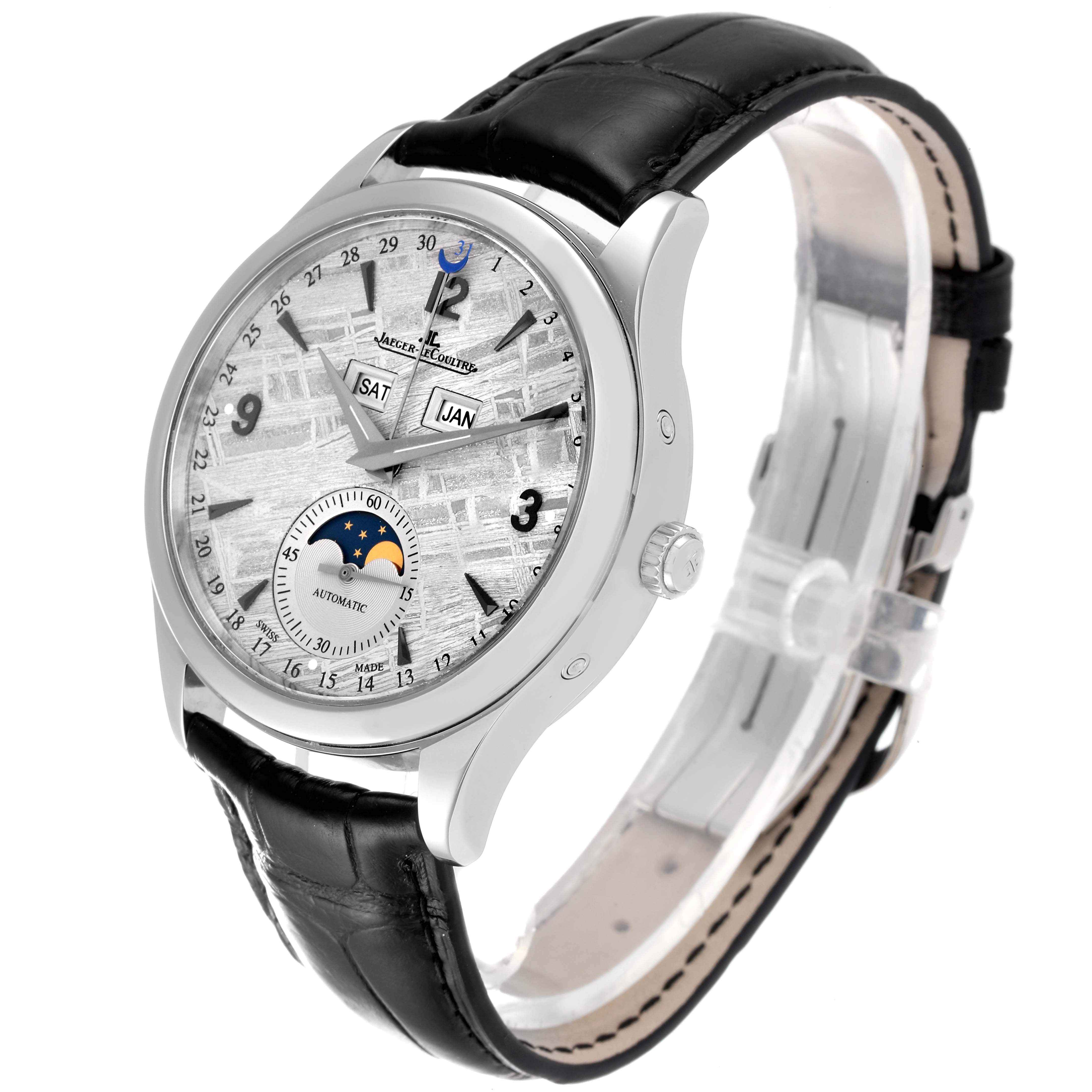 This Jaeger LeCoultre Master Q1558421 Men
s Stainless Steel Silver Dial Q1558421 Men
s Stainless Steel Silver Dial watch is shown at a three-quarter angle highlighting its dial, strap, and crown.