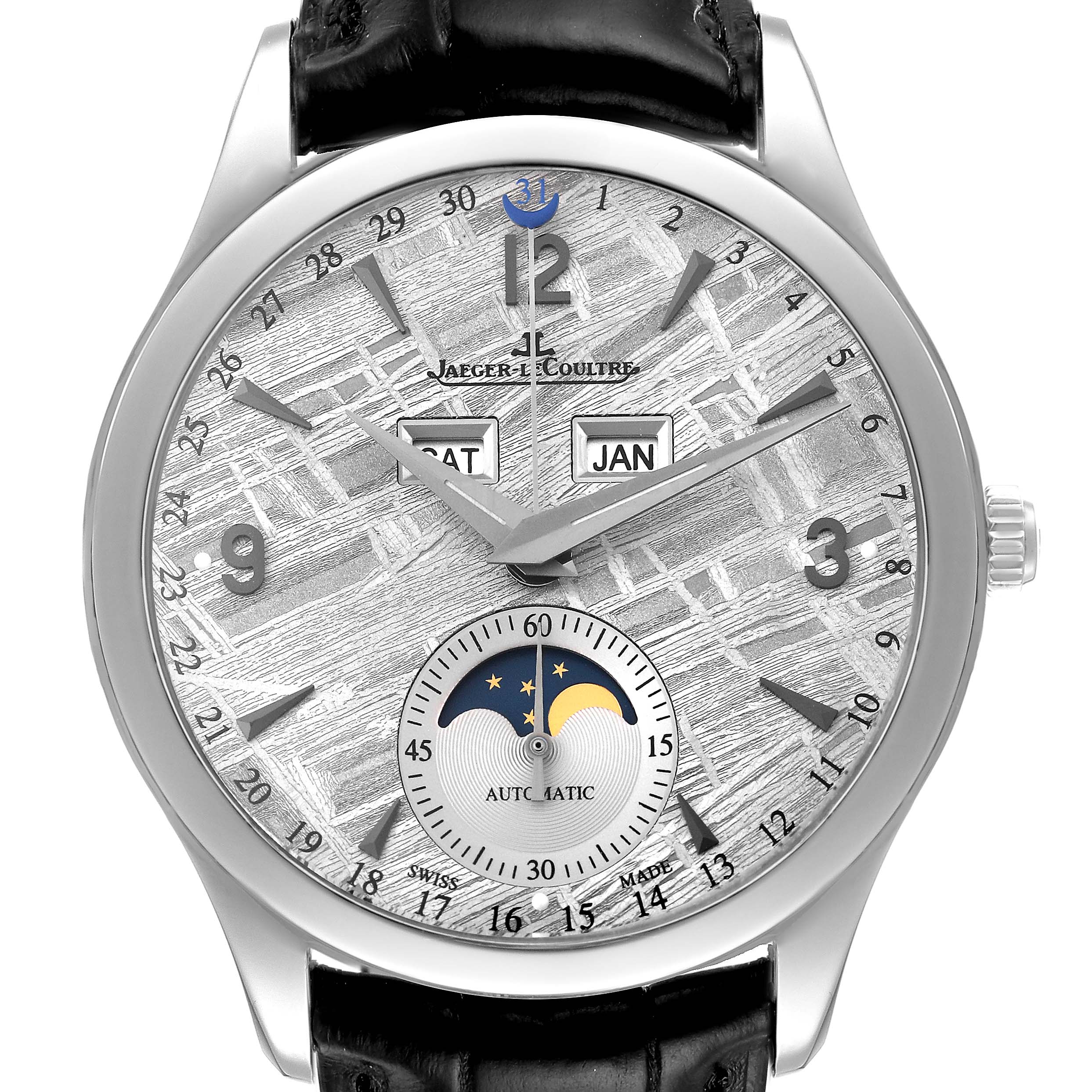 The image shows a front view of the Jaeger LeCoultre Master Q1558421 Men
s Stainless Steel Silver Dial Q1558421 Men
s Stainless Steel Silver Dial model, highlighting the dial and its complications.