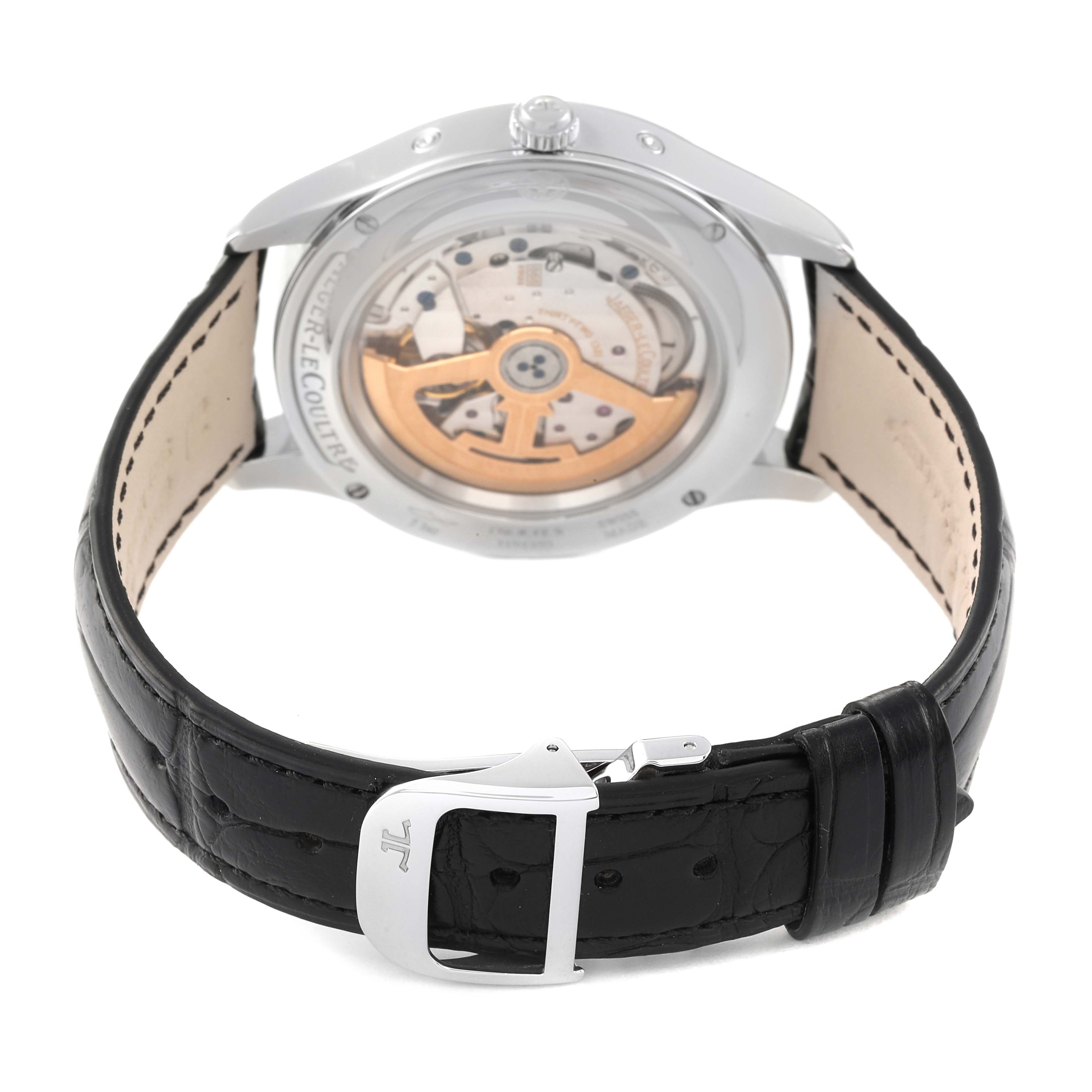 This image shows the back view of the Jaeger LeCoultre Master Q1558421 Men
s Stainless Steel Silver Dial Q1558421 Men
s Stainless Steel Silver Dial model watch, featuring its movement and black leather strap.