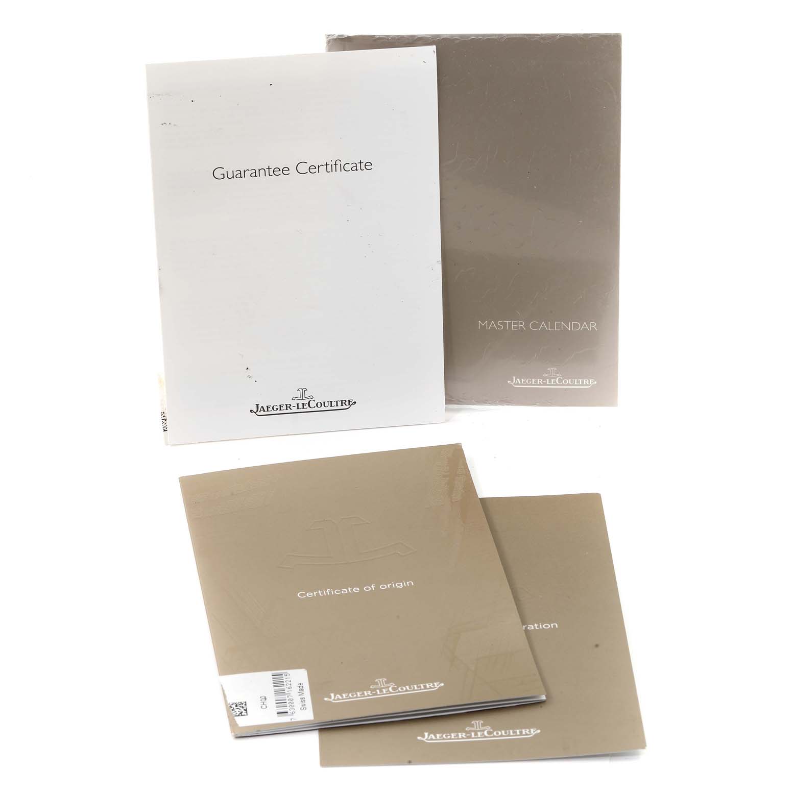 This image shows booklets and certificates, including a guarantee certificate and an instruction manual, for the Jaeger LeCoultre Master Q1558421 Men
s Stainless Steel Silver Dial Q1558421 Men
s Stainless Steel Silver Dial model.
