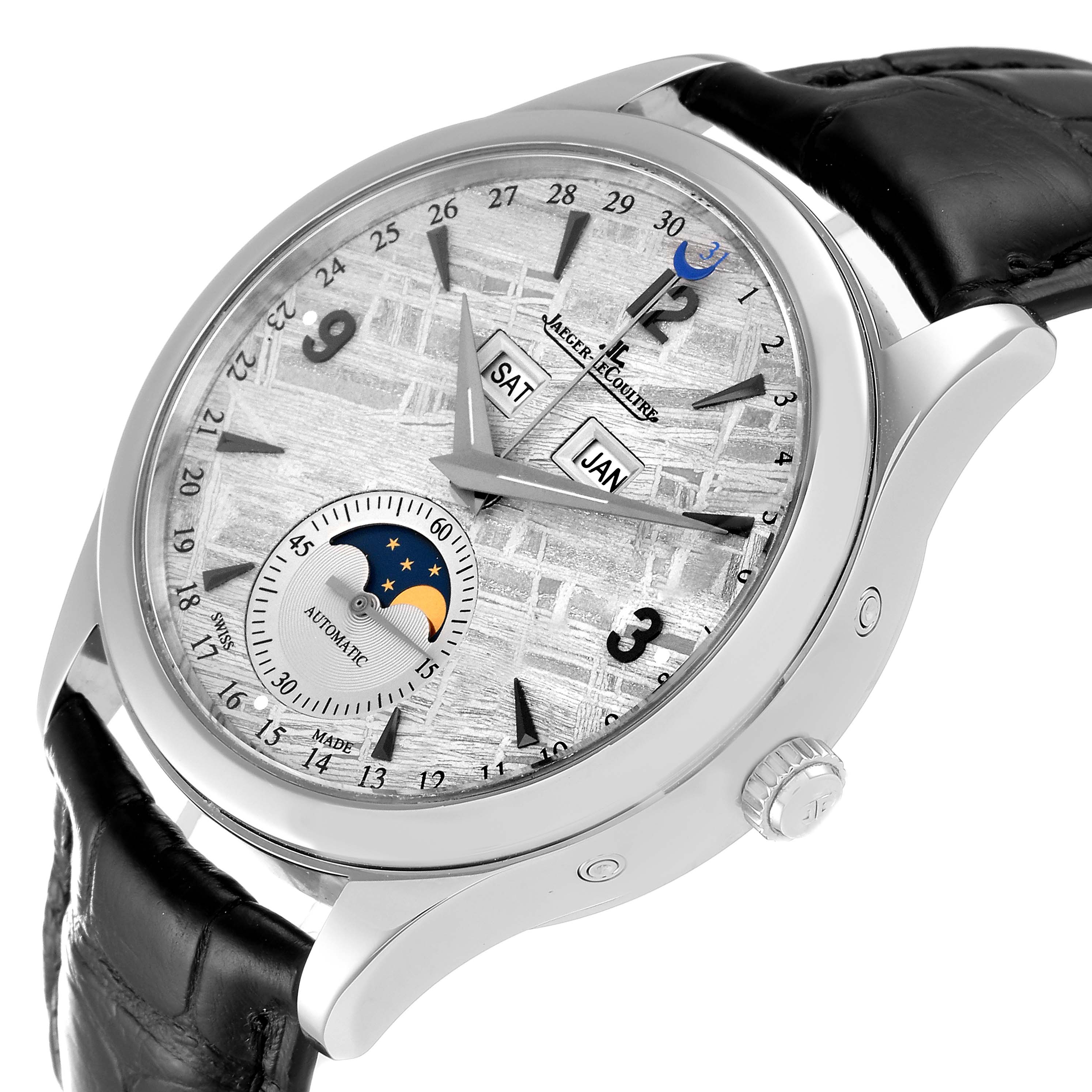 This Jaeger LeCoultre Master Q1558421 Men
s Stainless Steel Silver Dial Q1558421 Men
s Stainless Steel Silver Dial model watch is shown at an oblique angle, displaying the face, lugs, and crown.