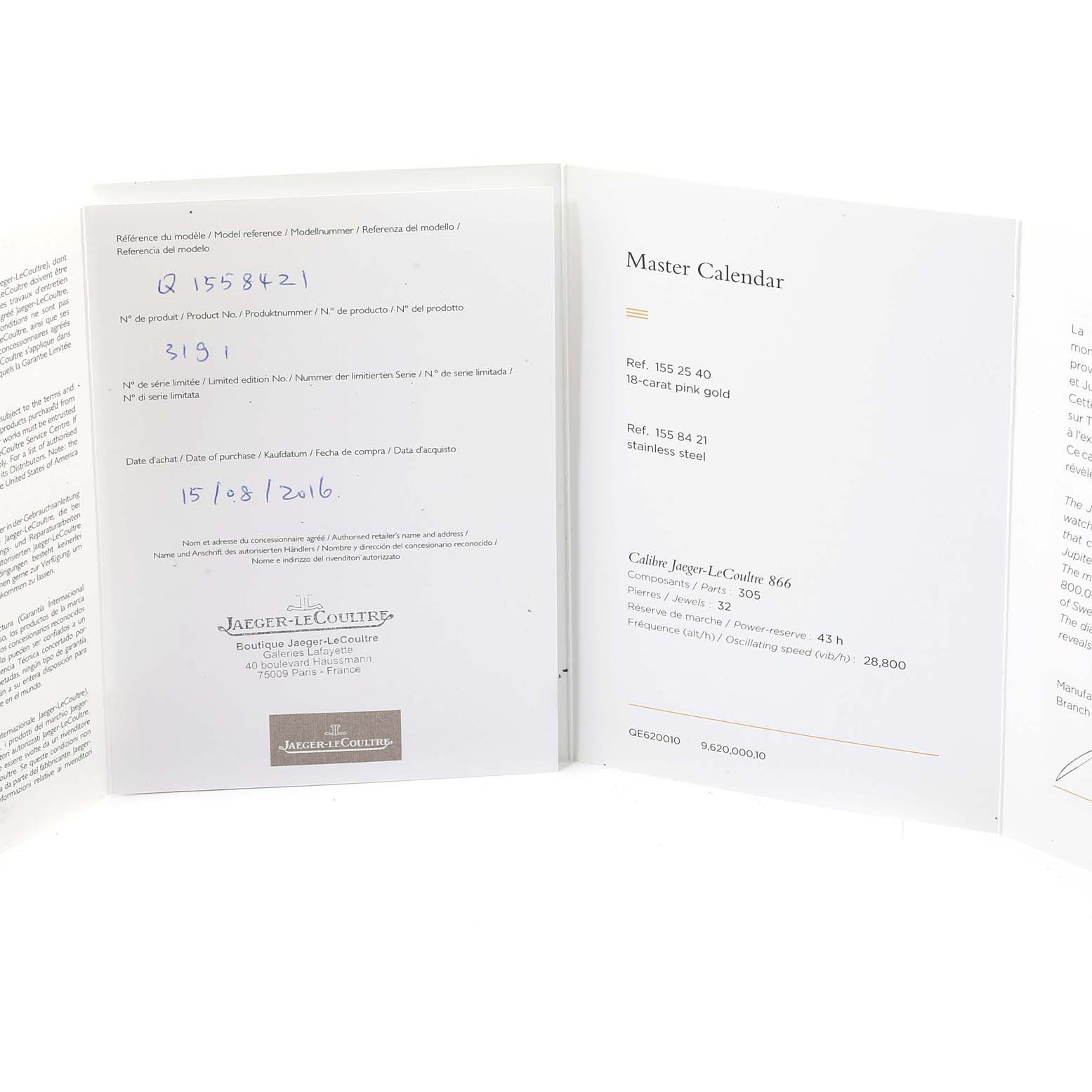 The image shows the documentation for a Jaeger-LeCoultre Master model watch, open to display model references, purchase date, and specifications.