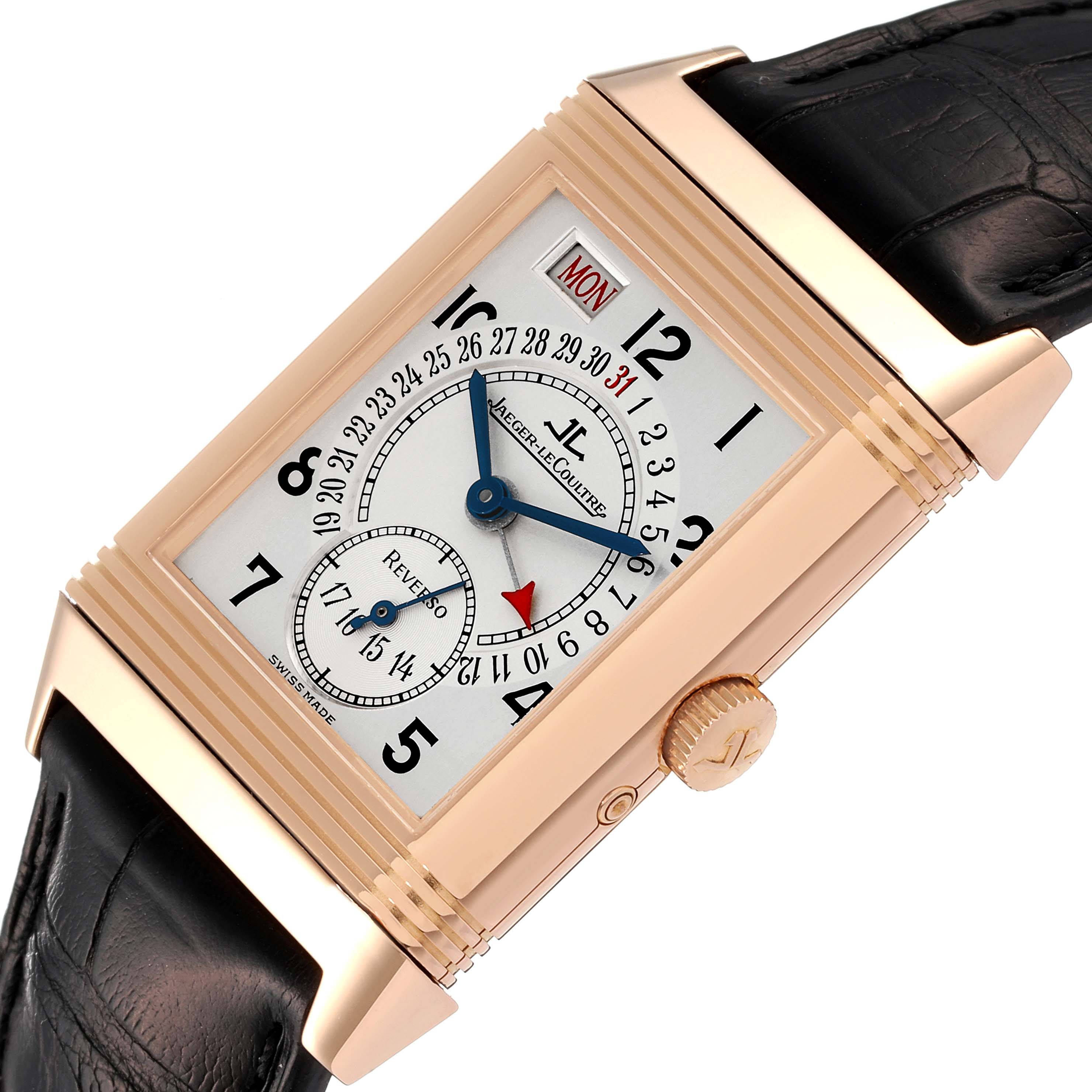 The image shows a close-up angled view of a Jaeger LeCoultre Reverso Q273242A Men's Rose Gold Silver Dial Q273242A Men's Rose Gold Silver Dial watch, displaying the face, crown, and part of the strap.
