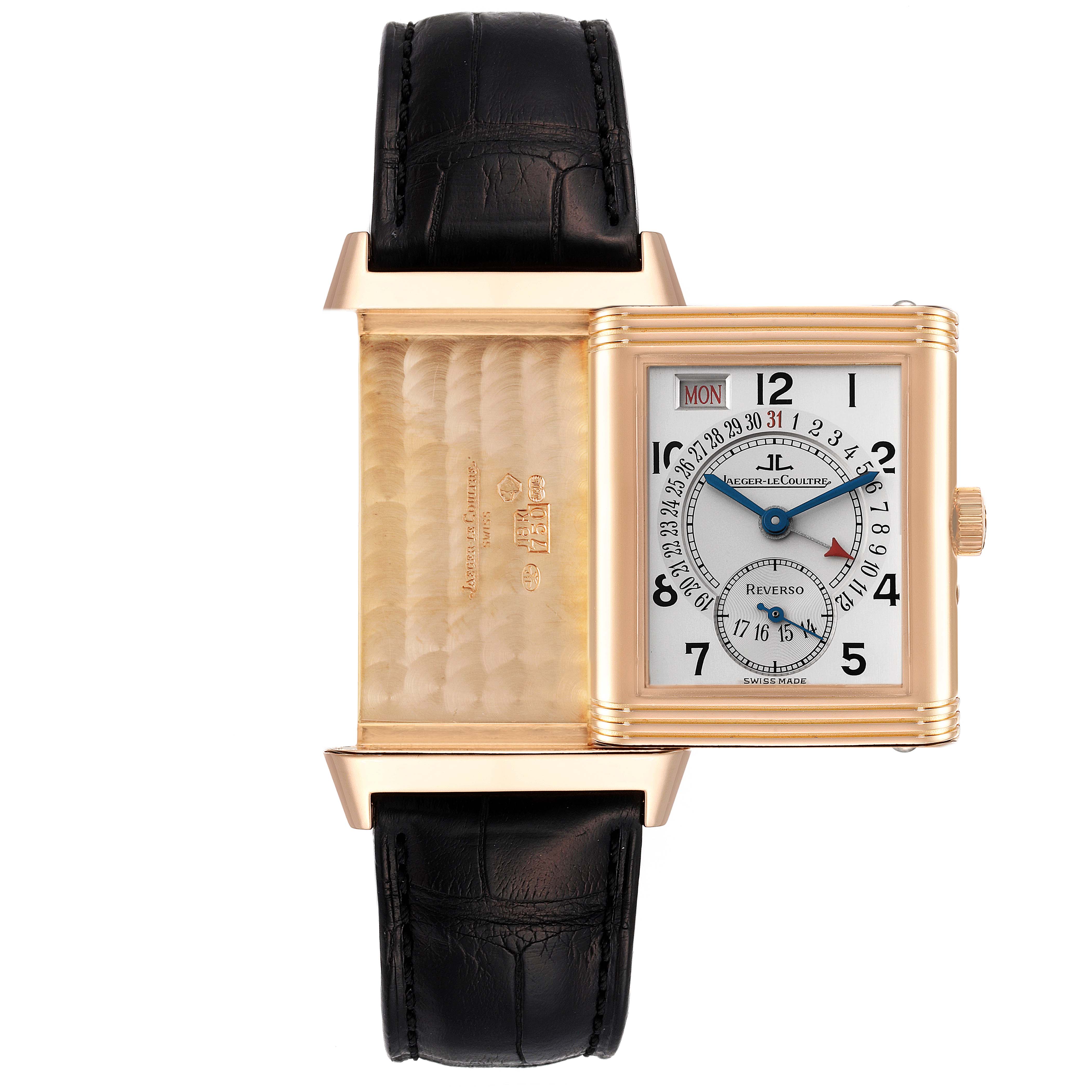 The Jaeger LeCoultre Reverso Q273242A Men's Rose Gold Silver Dial Q273242A Men's Rose Gold Silver Dial watch is shown from the front and back, displaying its reversible case and dial.