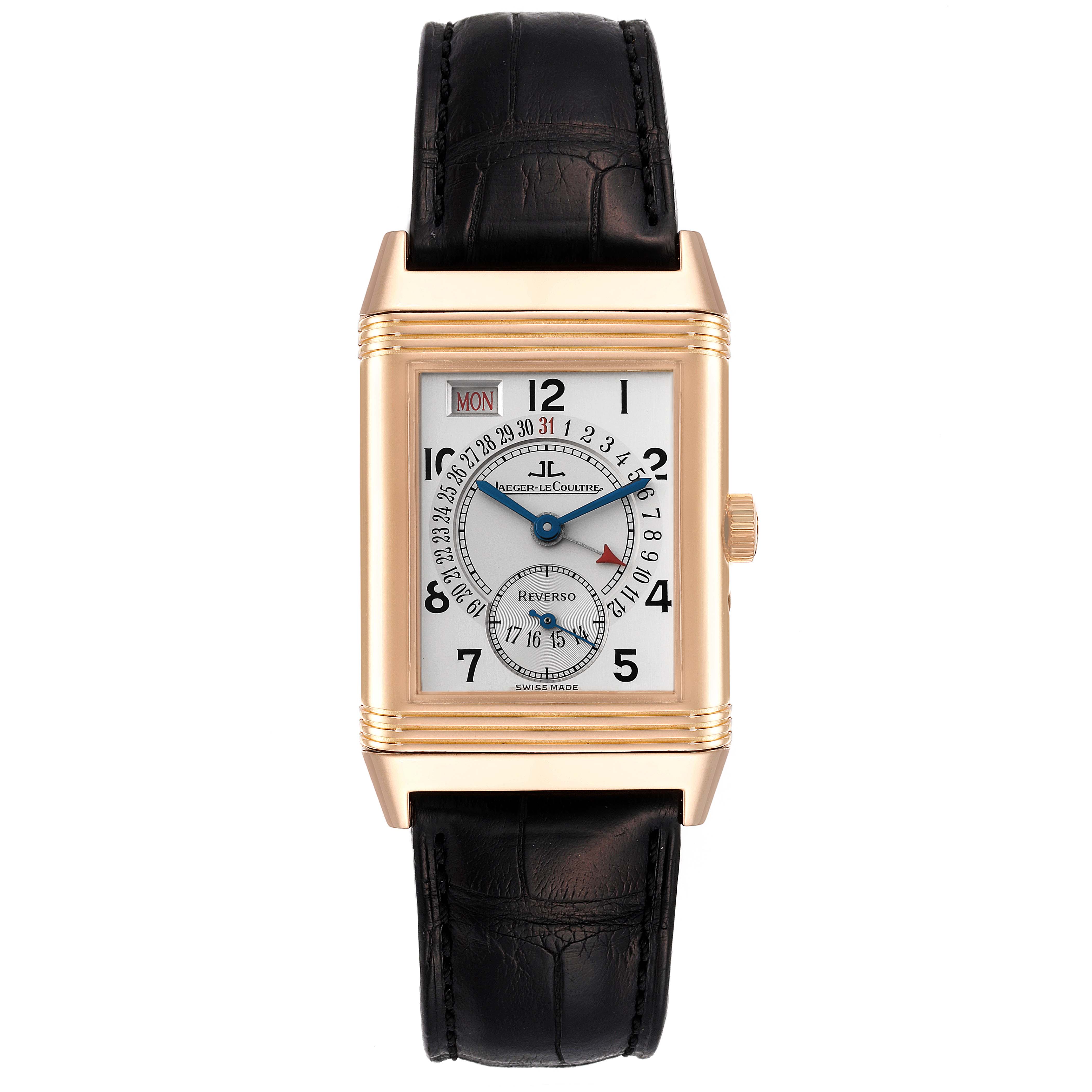 The image shows a front view of a Jaeger-LeCoultre Reverso watch with a black leather strap and gold rectangular case.