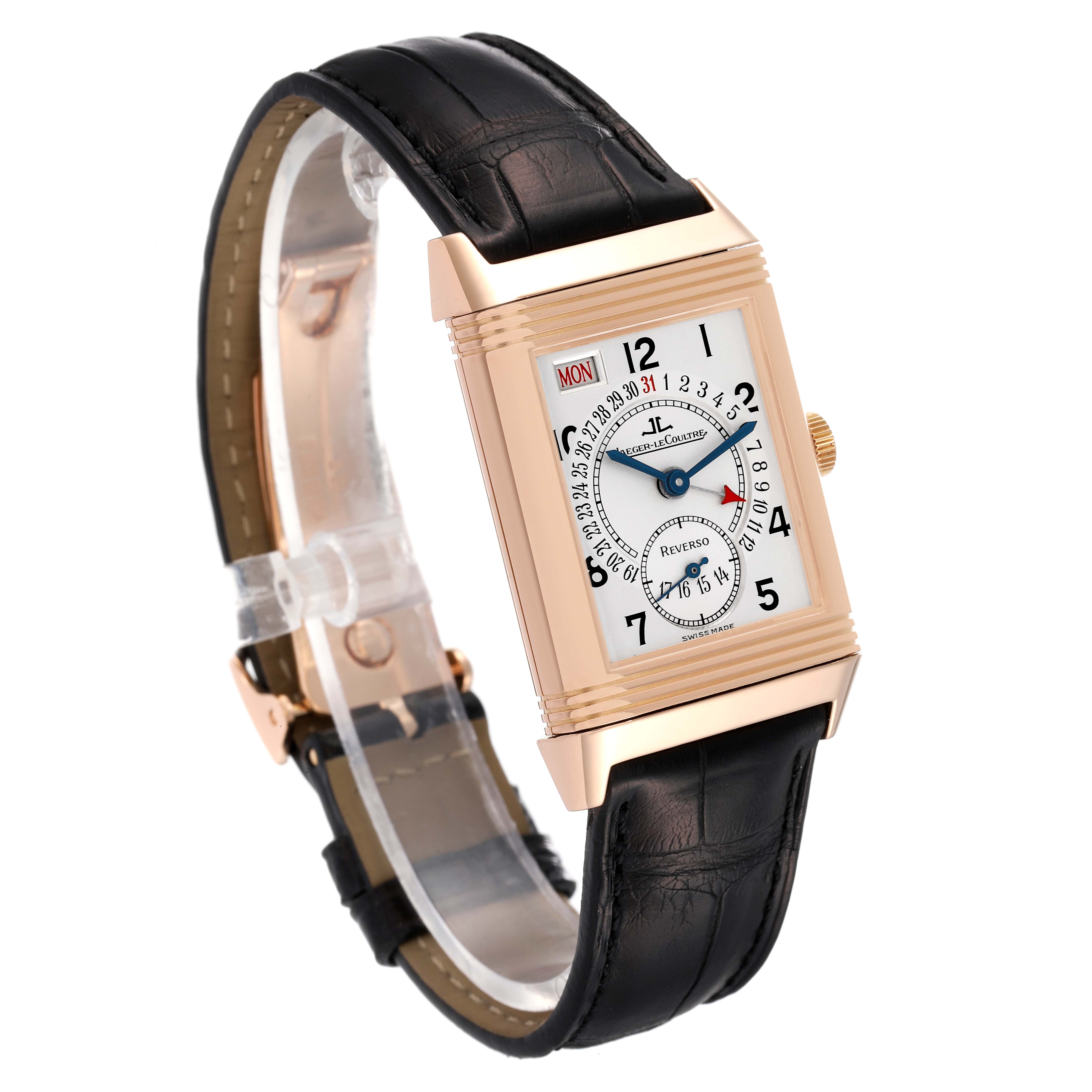 The image displays a Jaeger LeCoultre Reverso Q273242A Men's Rose Gold Silver Dial Q273242A Men's Rose Gold Silver Dial watch from a front-side angle, showing its rectangular dial and black leather strap.