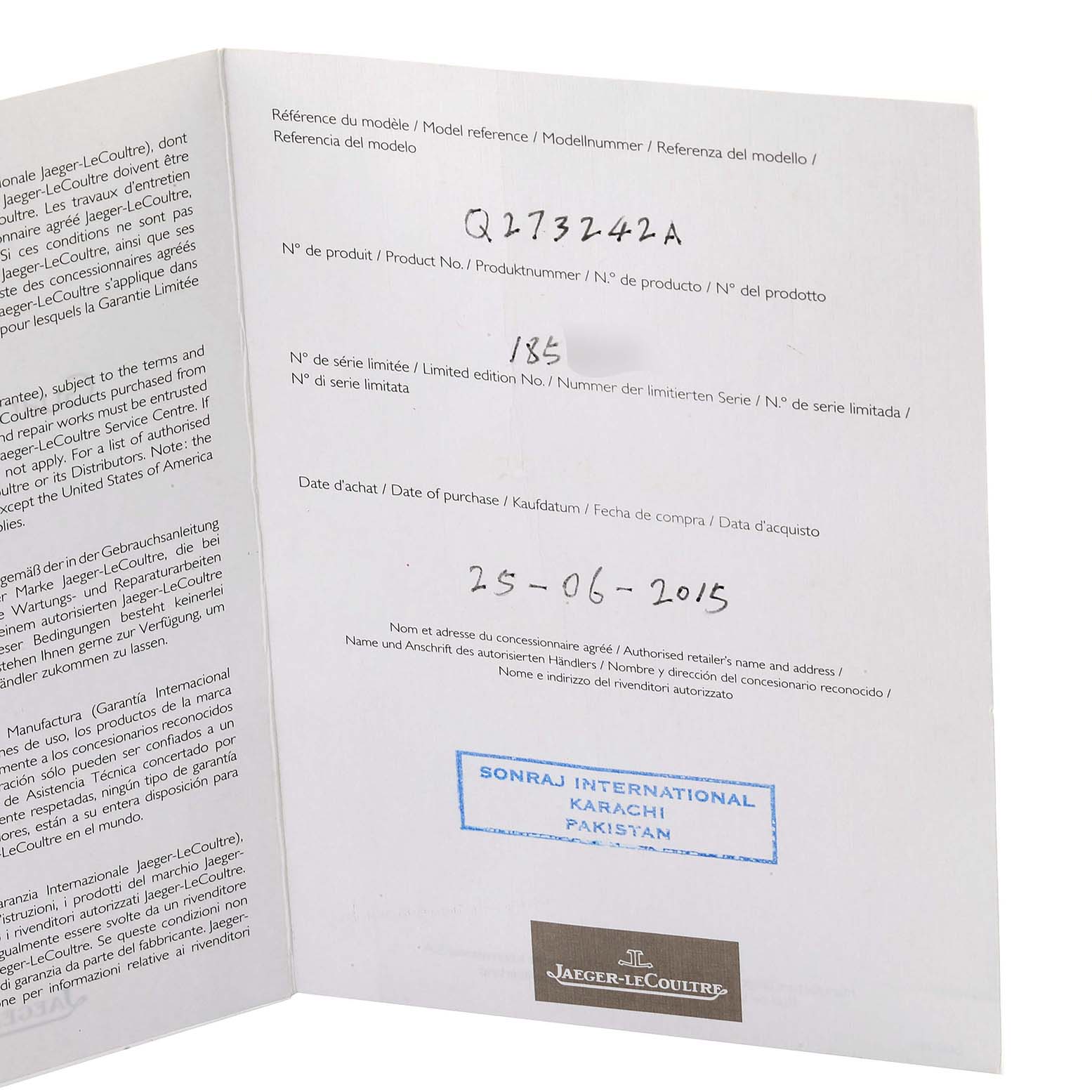 The image shows the documentation, including model and product number, for a Jaeger LeCoultre Reverso Q273242A Men's Rose Gold Silver Dial Q273242A Men's Rose Gold Silver Dial watch.