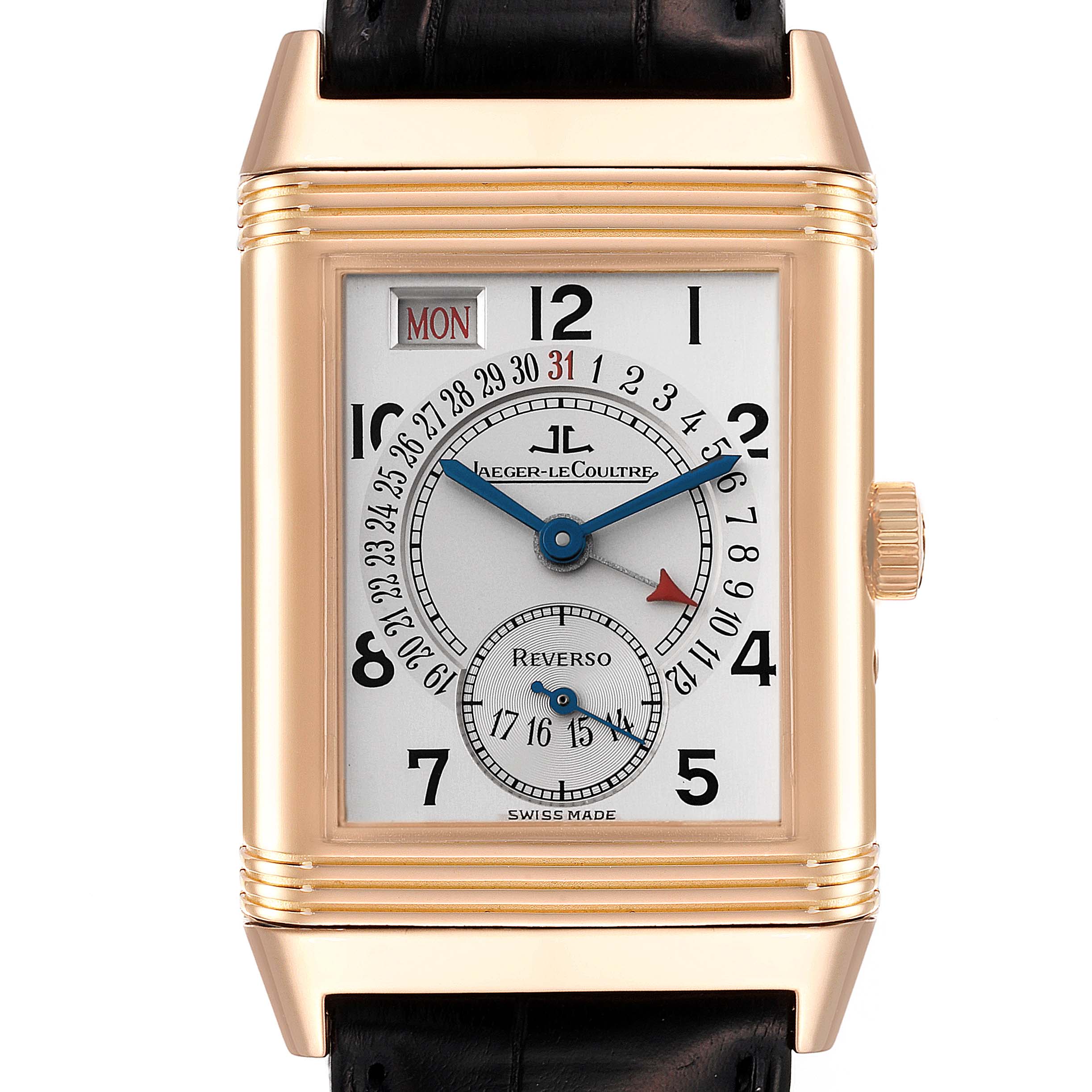 The Jaeger LeCoultre Reverso Q273242A Men's Rose Gold Silver Dial Q273242A Men's Rose Gold Silver Dial watch is shown from a front angle, displaying the dial, case, and crown.