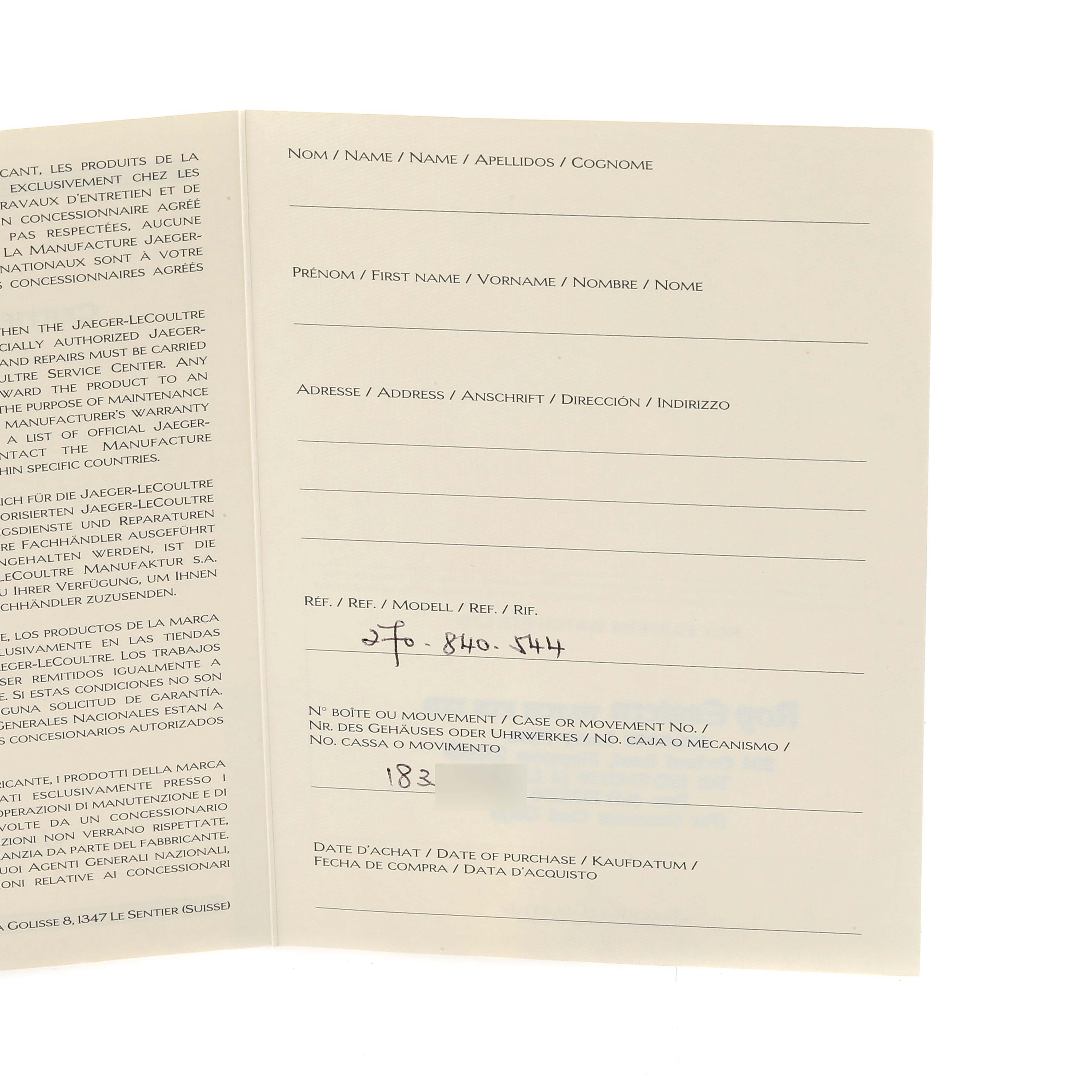 The image shows an open warranty card for a Jaeger LeCoultre Reverso Q270854 Men
s Stainless Steel Silver Dial Q270854 Men
s Stainless Steel Silver Dial watch, with fields for personal information and purchase details.