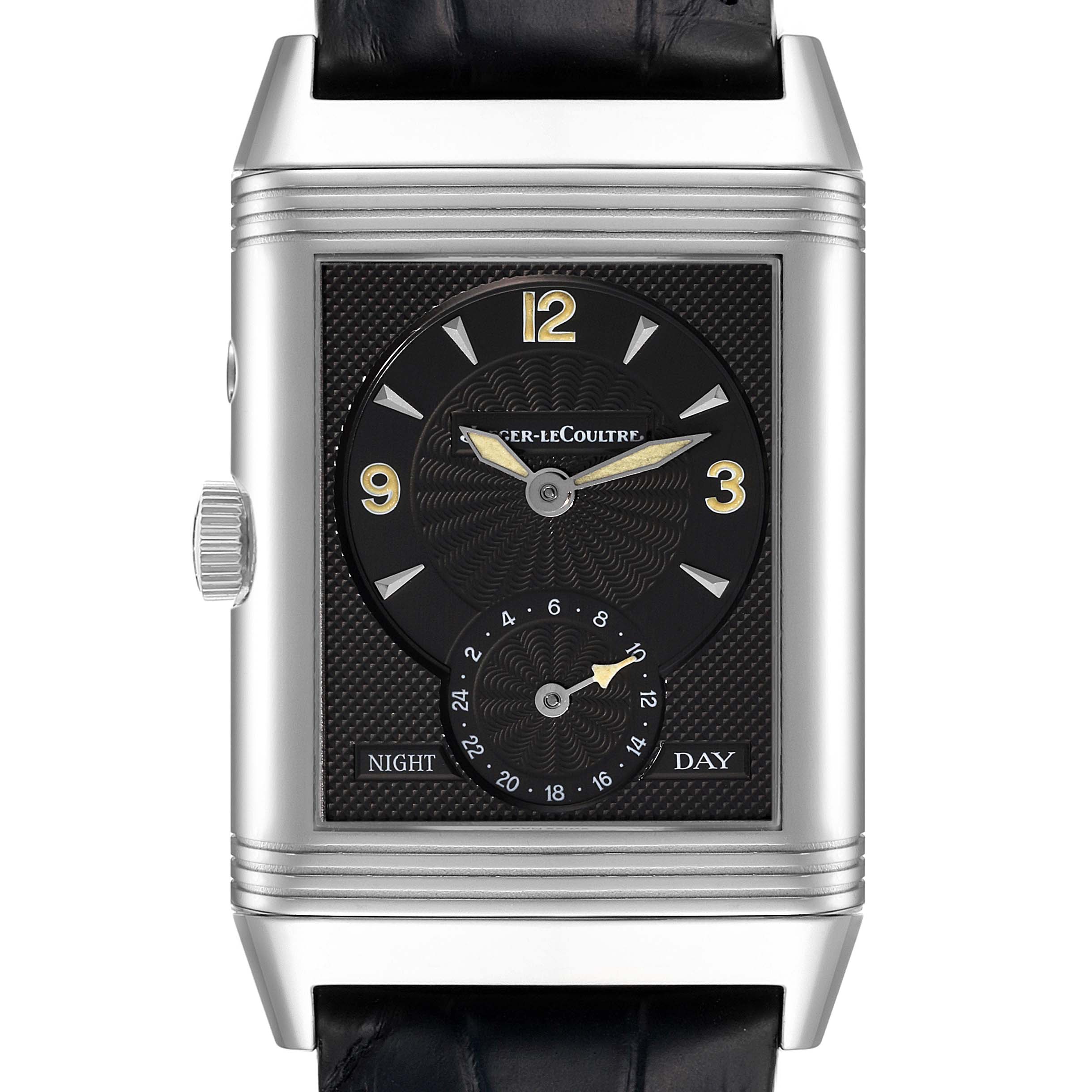 The image shows a front view of the Jaeger LeCoultre Reverso Q270854 Men
s Stainless Steel Silver Dial Q270854 Men
s Stainless Steel Silver Dial watch featuring the dial, hands, and crown.