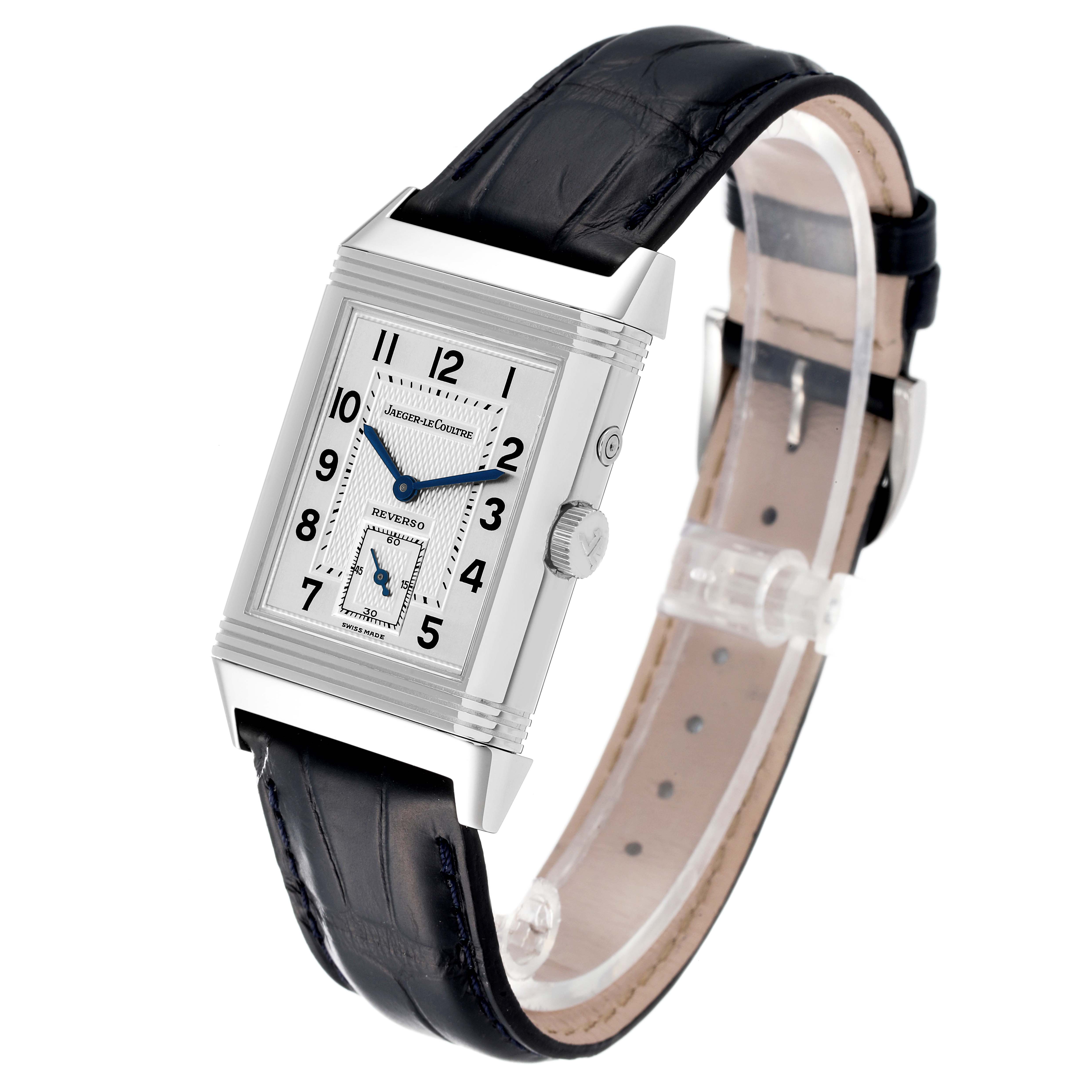 The image shows a Jaeger LeCoultre Reverso Q270854 Men
s Stainless Steel Silver Dial Q270854 Men
s Stainless Steel Silver Dial watch at a three-quarter angle, displaying the dial, case, crown, and leather strap.