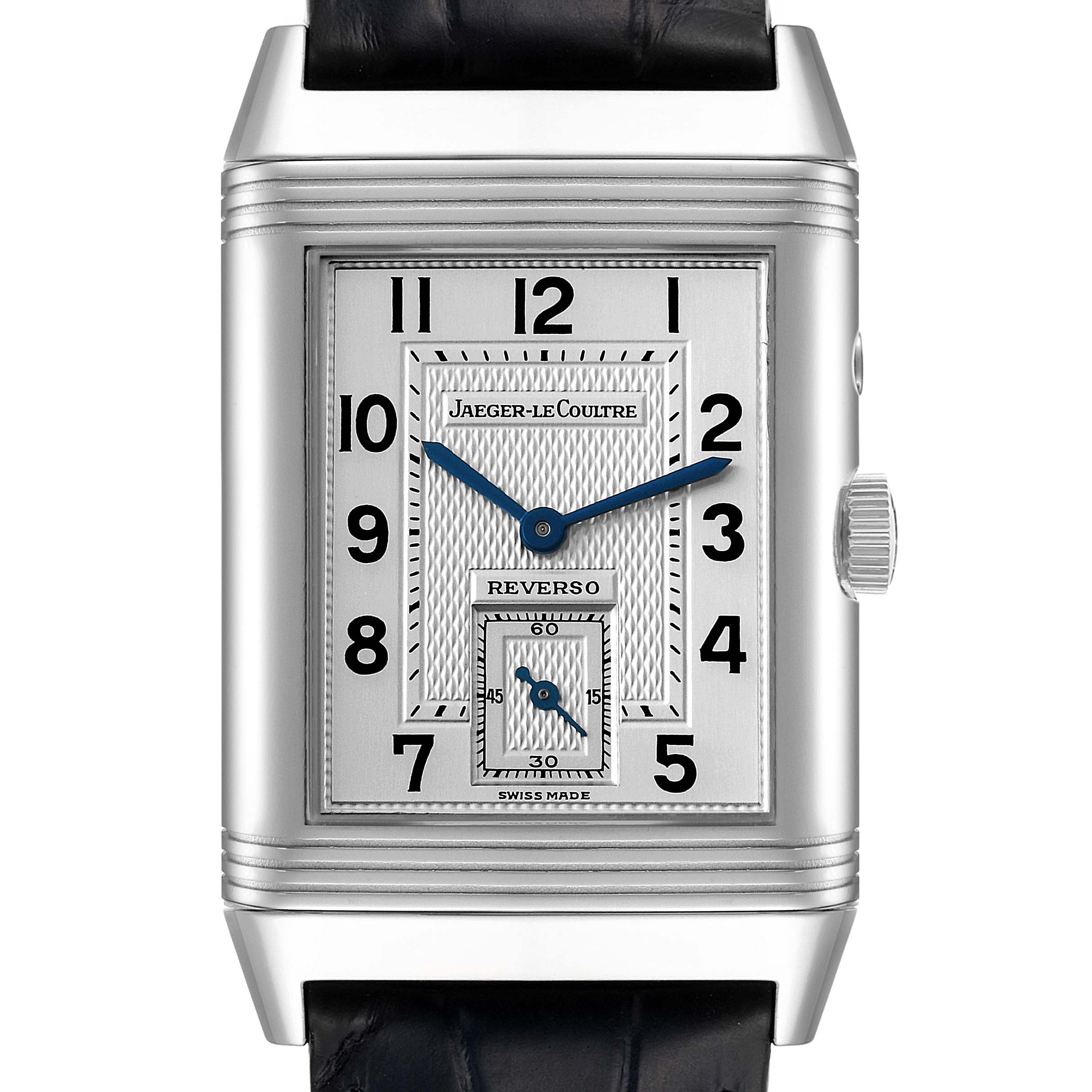 This image shows the front view of a Jaeger-LeCoultre Reverso watch, highlighting its rectangular face, dial, and crown.