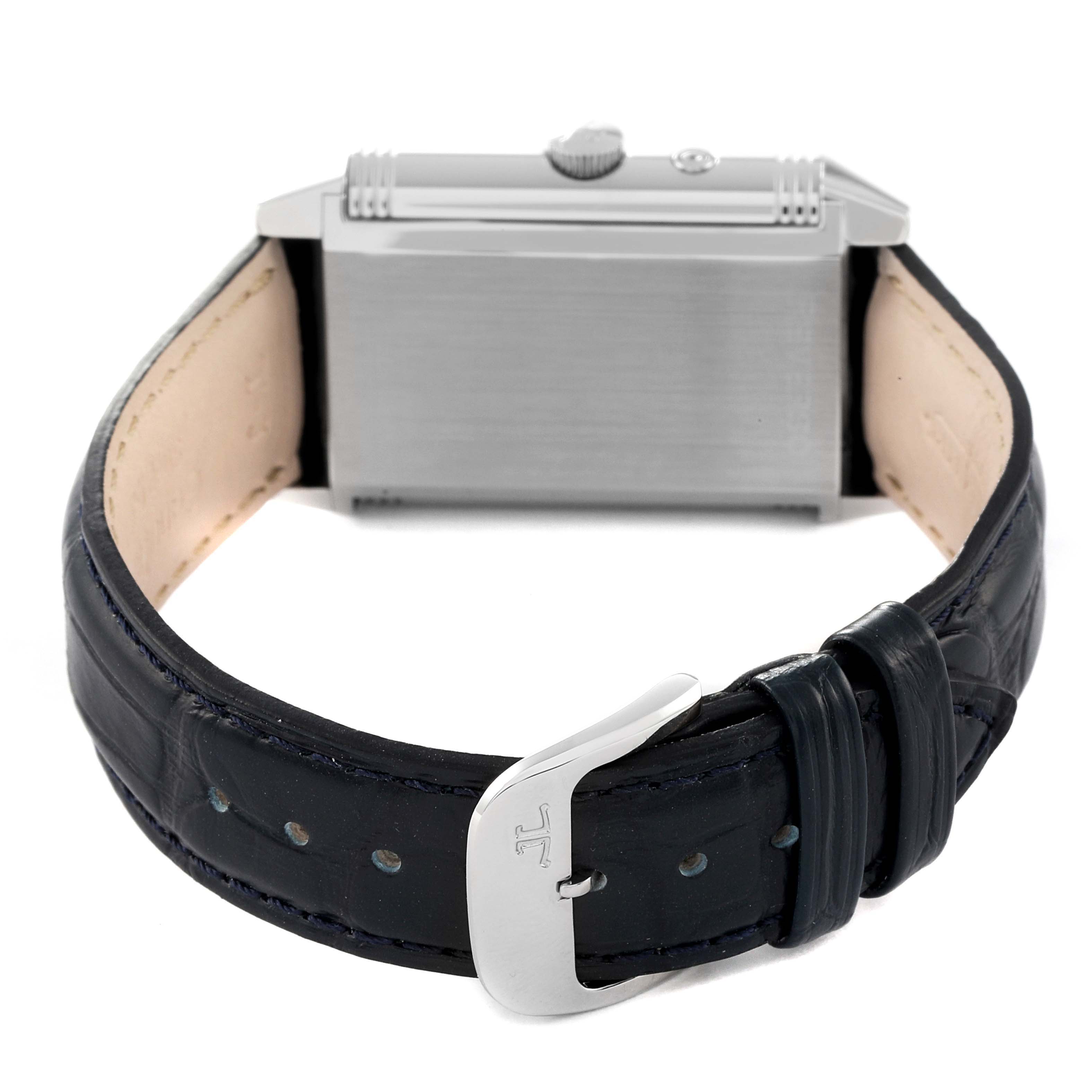 This image shows the back and side of a Jaeger LeCoultre Reverso Q270854 Men
s Stainless Steel Silver Dial Q270854 Men
s Stainless Steel Silver Dial watch, including the strap, buckle, and crown.