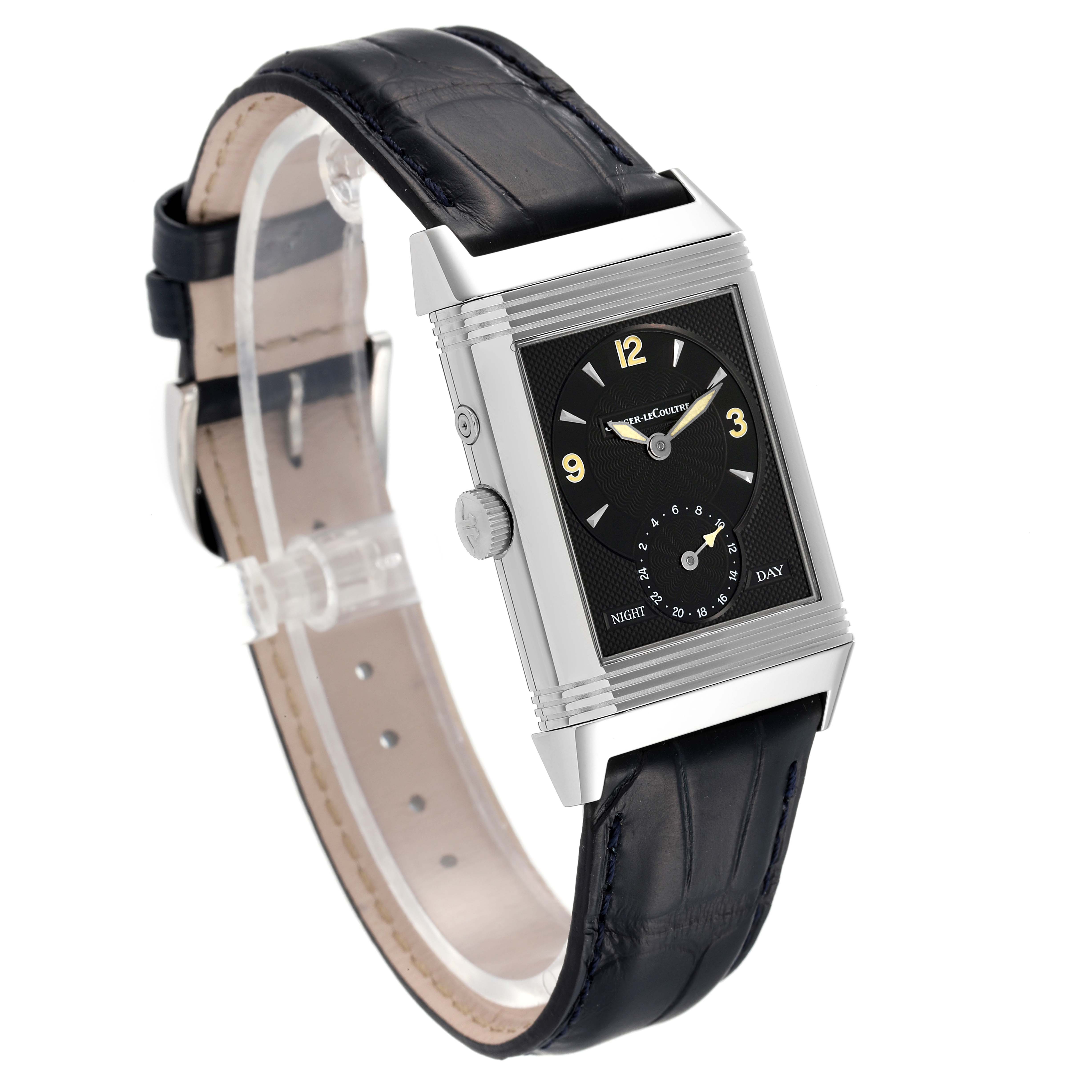 The image shows an angled side view of a Jaeger LeCoultre Reverso Q270854 Men
s Stainless Steel Silver Dial Q270854 Men
s Stainless Steel Silver Dial watch, displaying its face, crown, and leather strap.