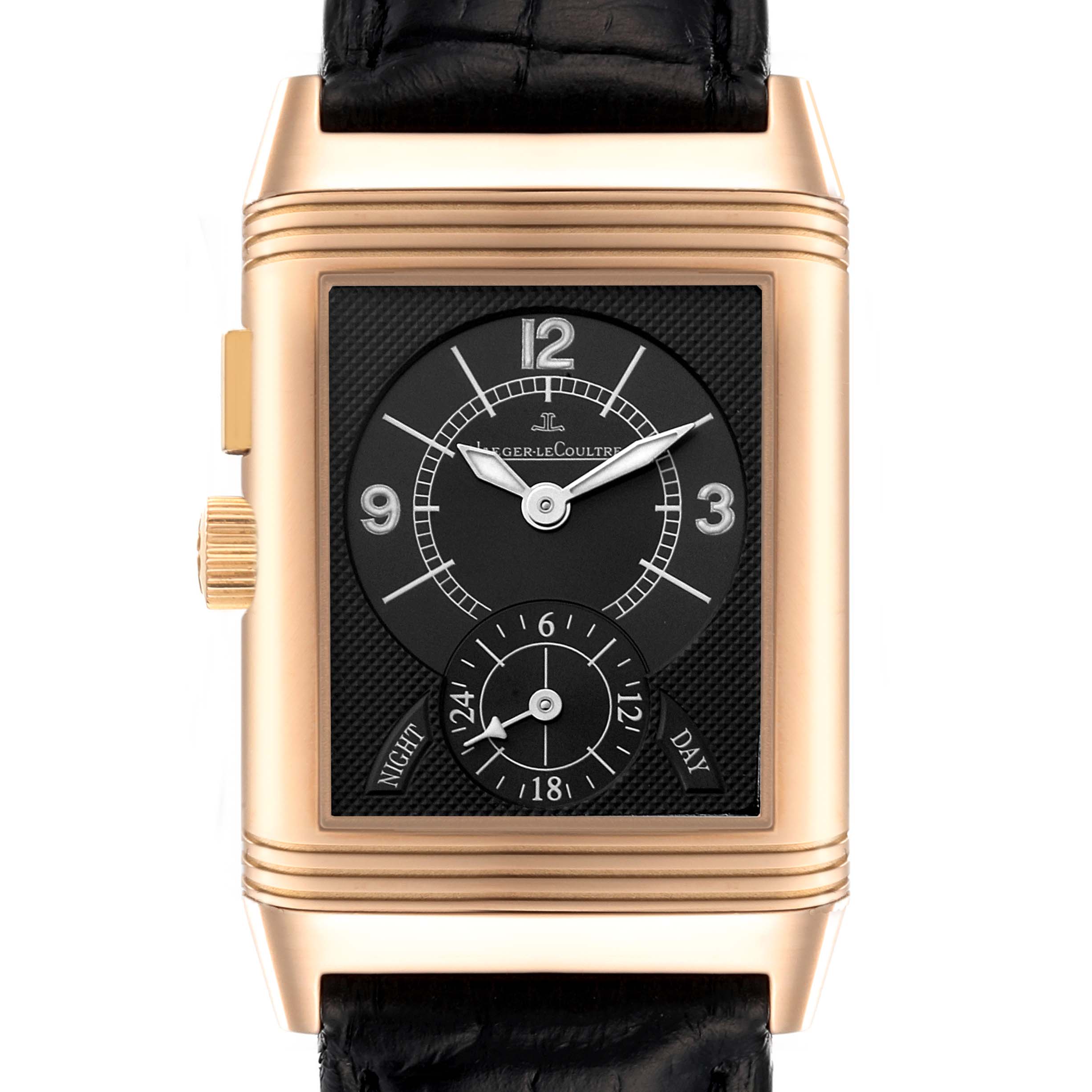 This image shows the front face of the Jaeger LeCoultre Reverso Q2712410 Men's Rose Gold Silver Dial Q2712410 Men's Rose Gold Silver Dial model watch, highlighting the dial and crown.