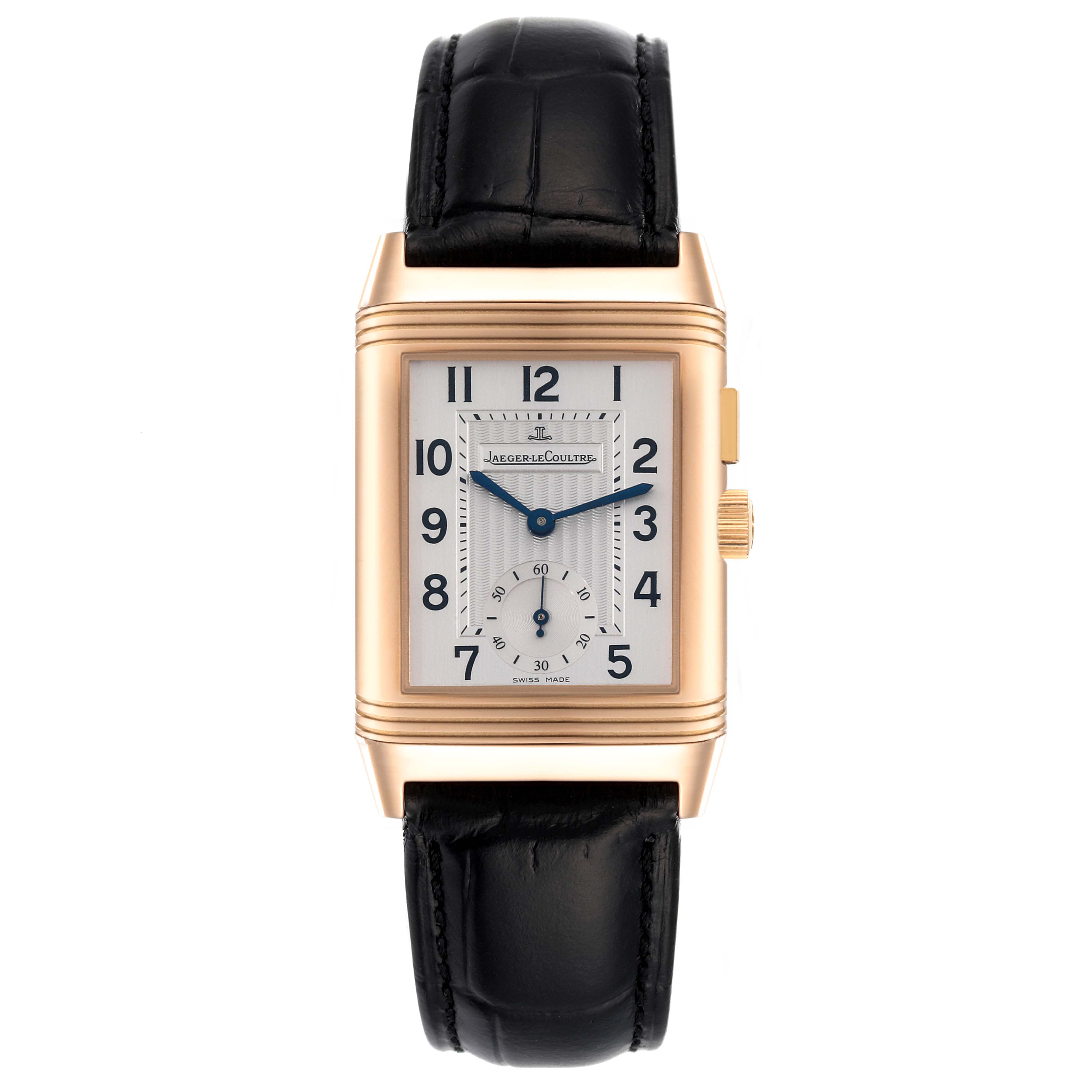 This image shows a Jaeger-LeCoultre Reverso watch from a front angle, displaying the face, case, and strap.