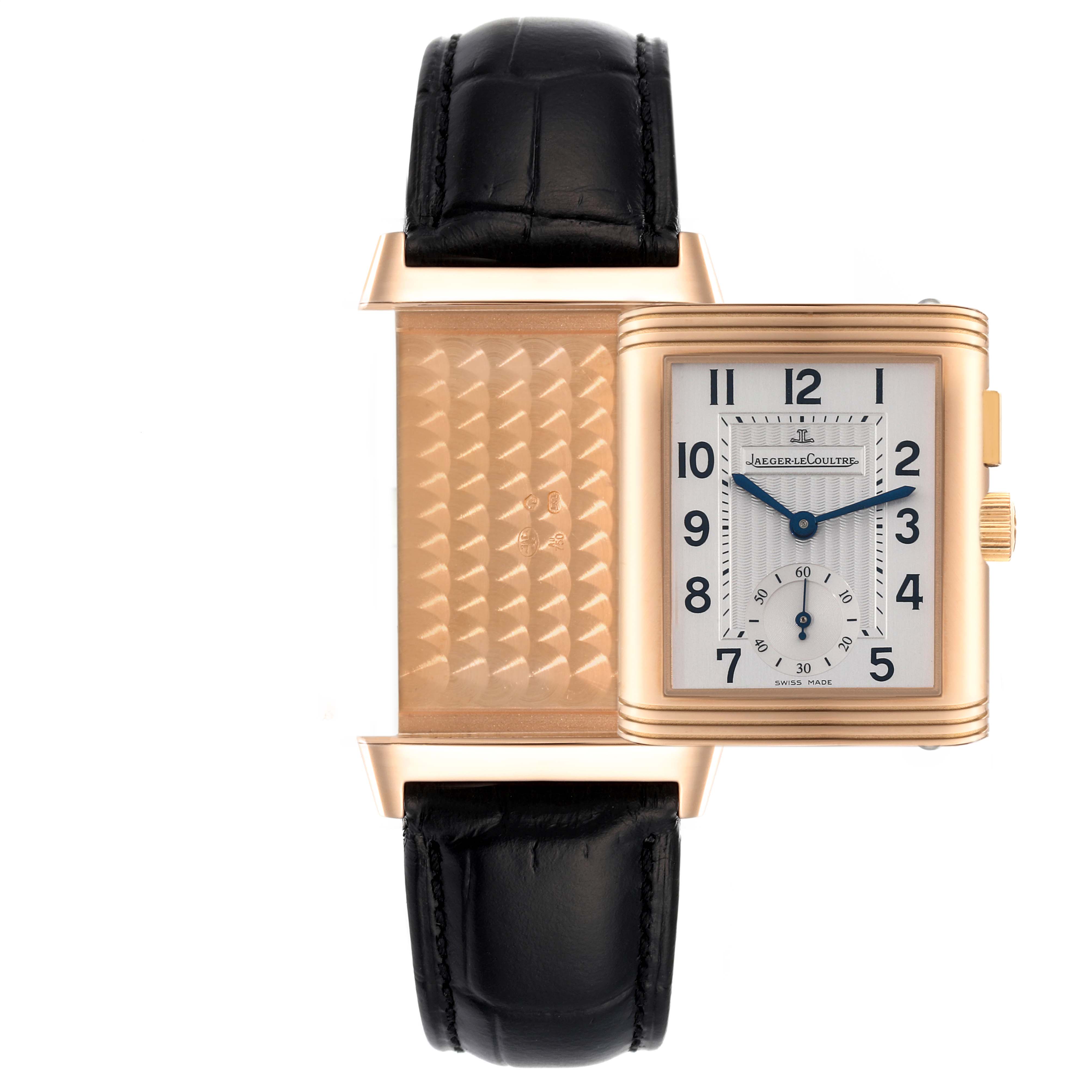 This Jaeger-LeCoultre Reverso watch is shown from the front with its reversible case partially rotated, revealing the back pattern.
