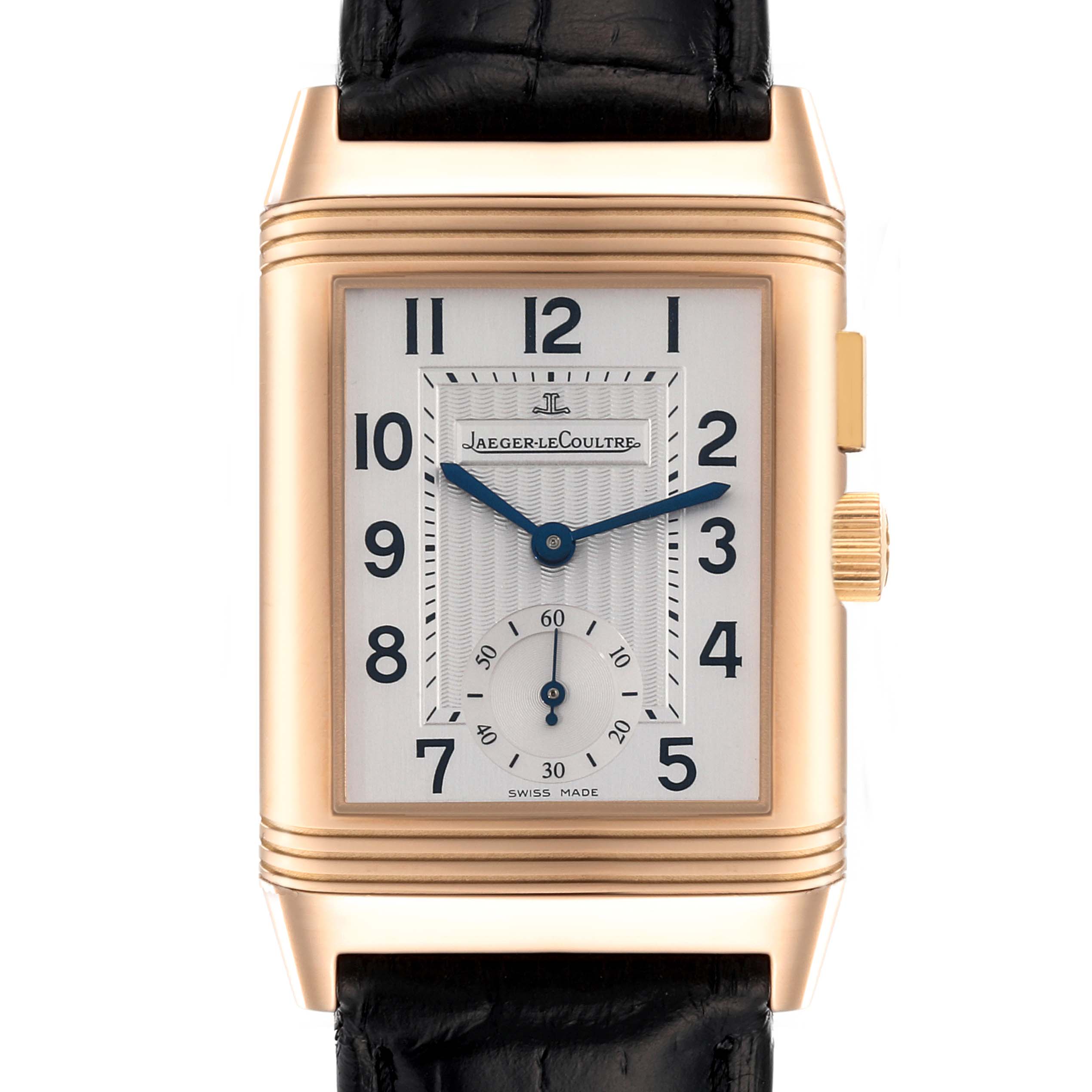 The image shows a front view of the Jaeger-LeCoultre Reverso watch, highlighting its rectangular case and dial with Arabic numerals.