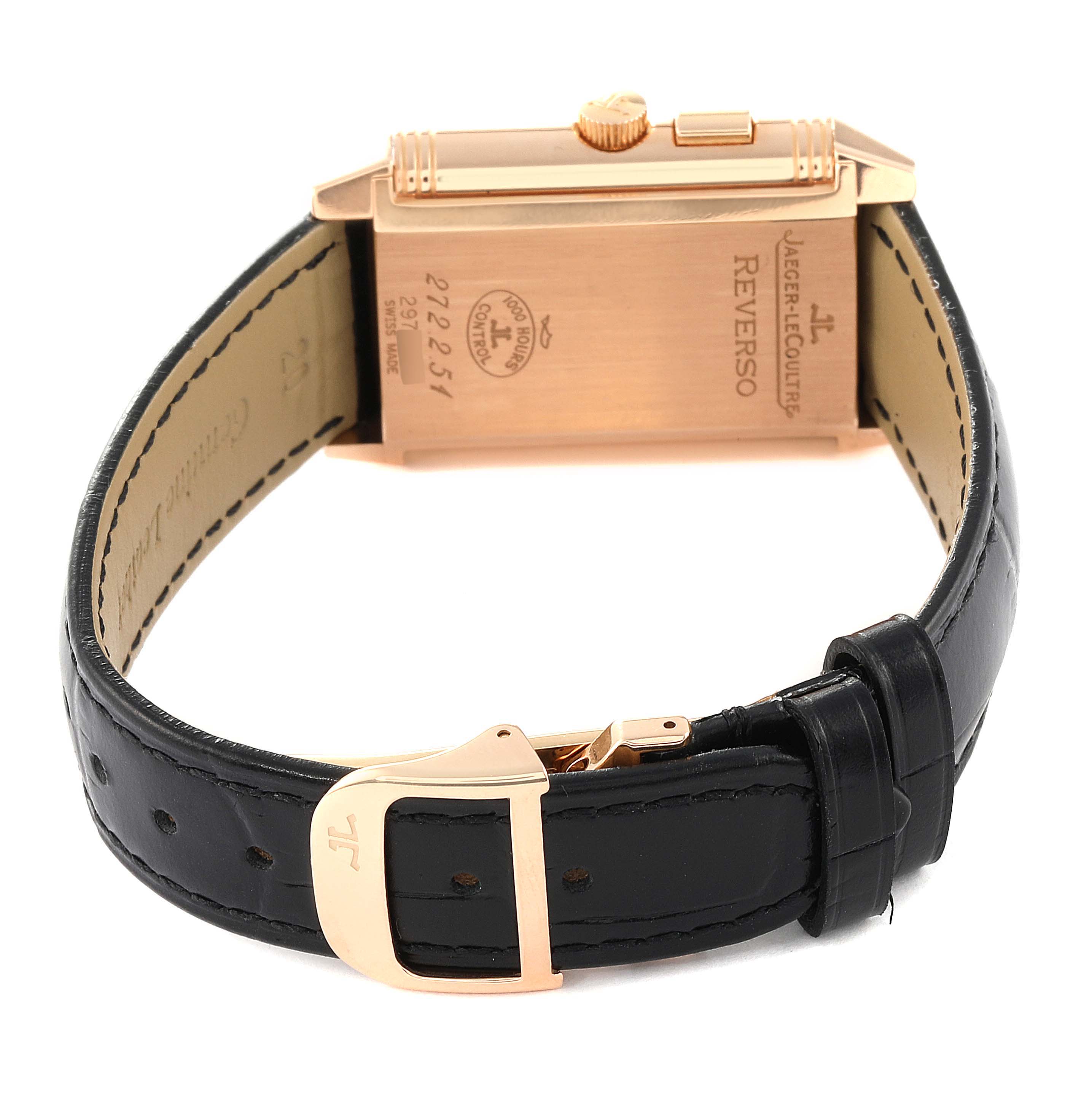 The image shows the back and side of the Jaeger LeCoultre Reverso Q2712410 Men's Rose Gold Silver Dial Q2712410 Men's Rose Gold Silver Dial watch, highlighting the case back, strap, and clasp.
