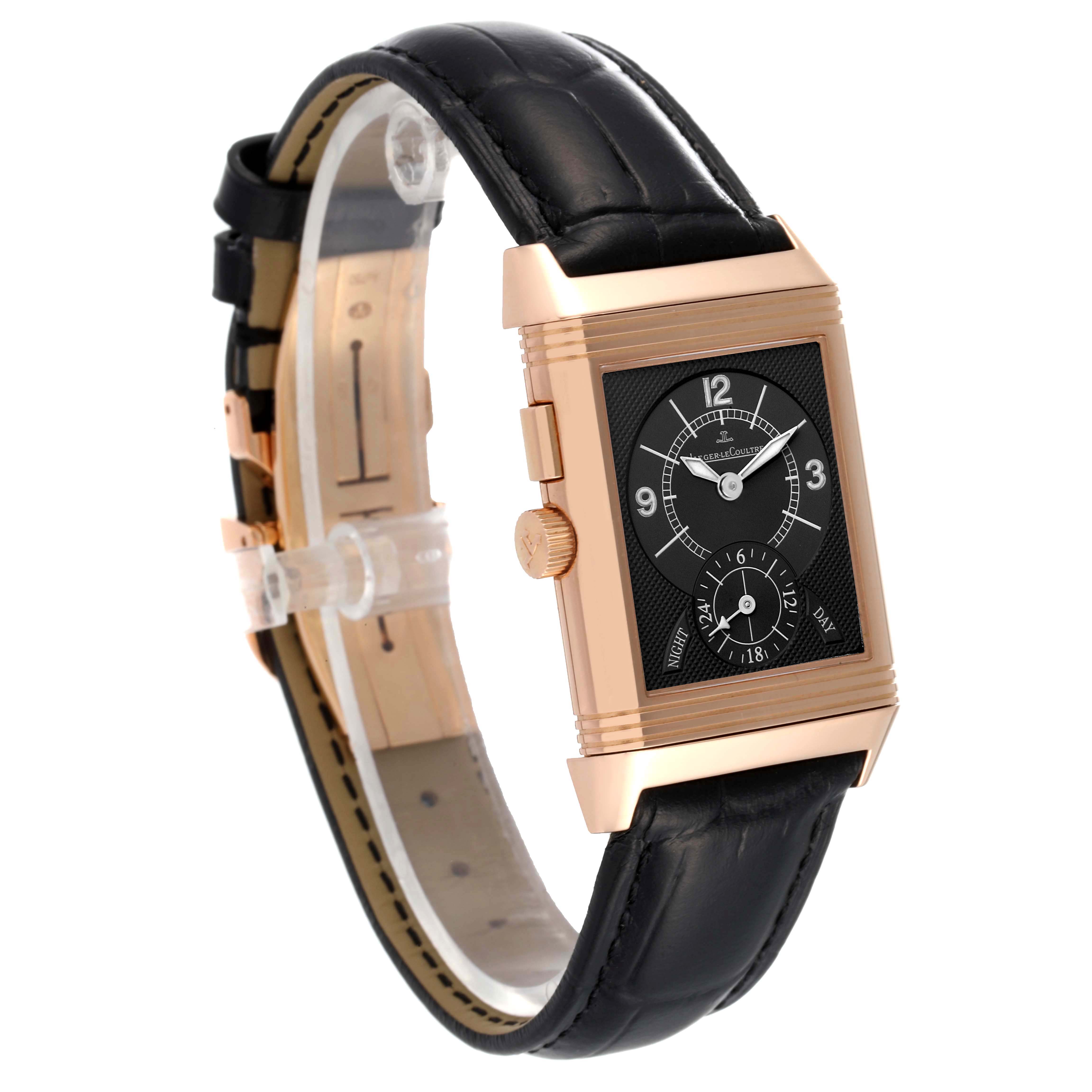 This image shows a front-side view of a Jaeger-LeCoultre Reverso watch, highlighting the face and leather strap.