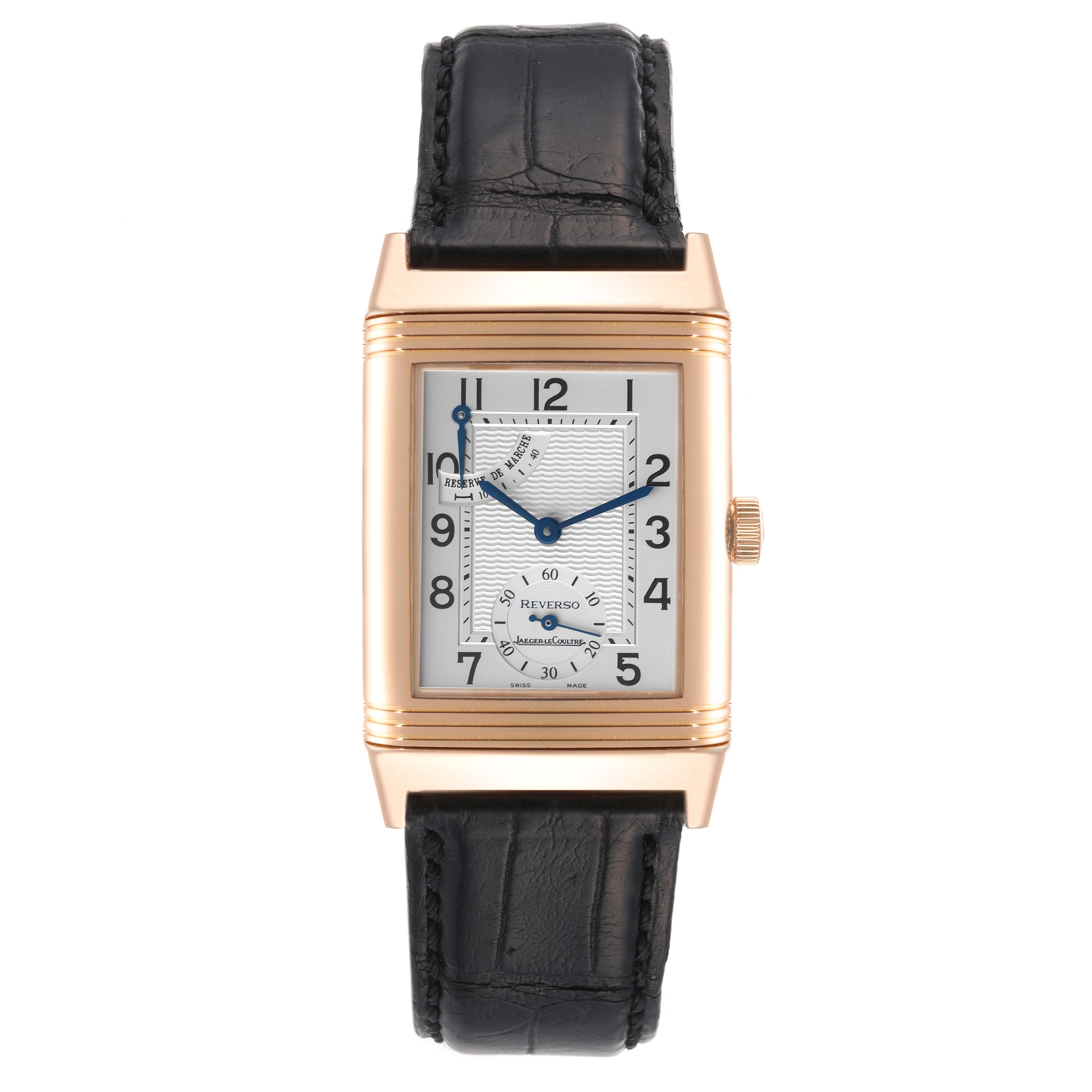 The image shows a front view of a Jaeger LeCoultre Reverso Q2702420 Men's Rose Gold Silver Dial Q2702420 Men's Rose Gold Silver Dial watch, displaying the dial, hands, crown, and leather strap.