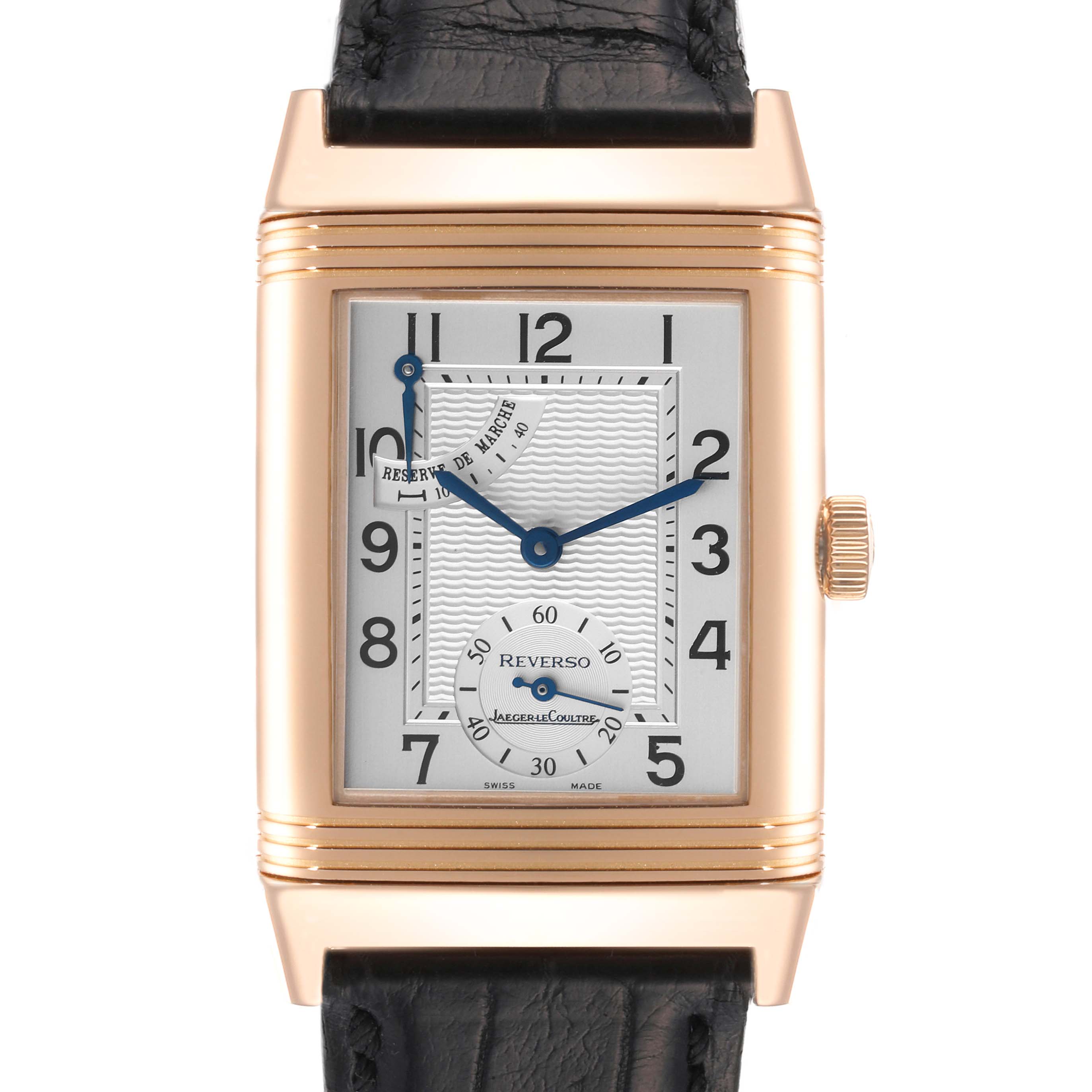 The image shows a front view of a Jaeger LeCoultre Reverso Q2702420 Men's Rose Gold Silver Dial Q2702420 Men's Rose Gold Silver Dial watch, highlighting its rectangular dial, numerals, and leather band.