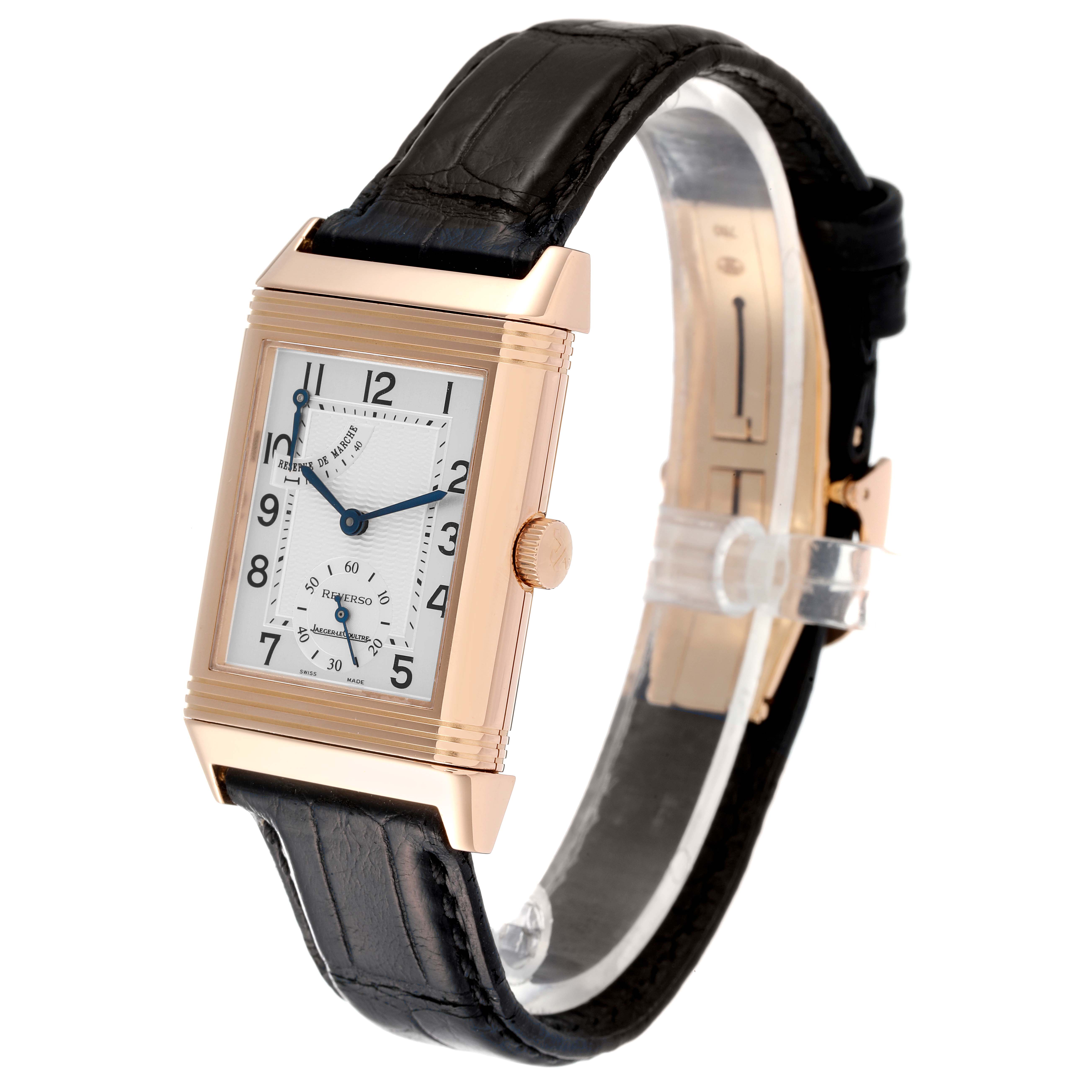 This Jaeger LeCoultre Reverso Q2702420 Men's Rose Gold Silver Dial Q2702420 Men's Rose Gold Silver Dial watch is shown from a front angle, displaying the face, case, crown, and black leather strap.