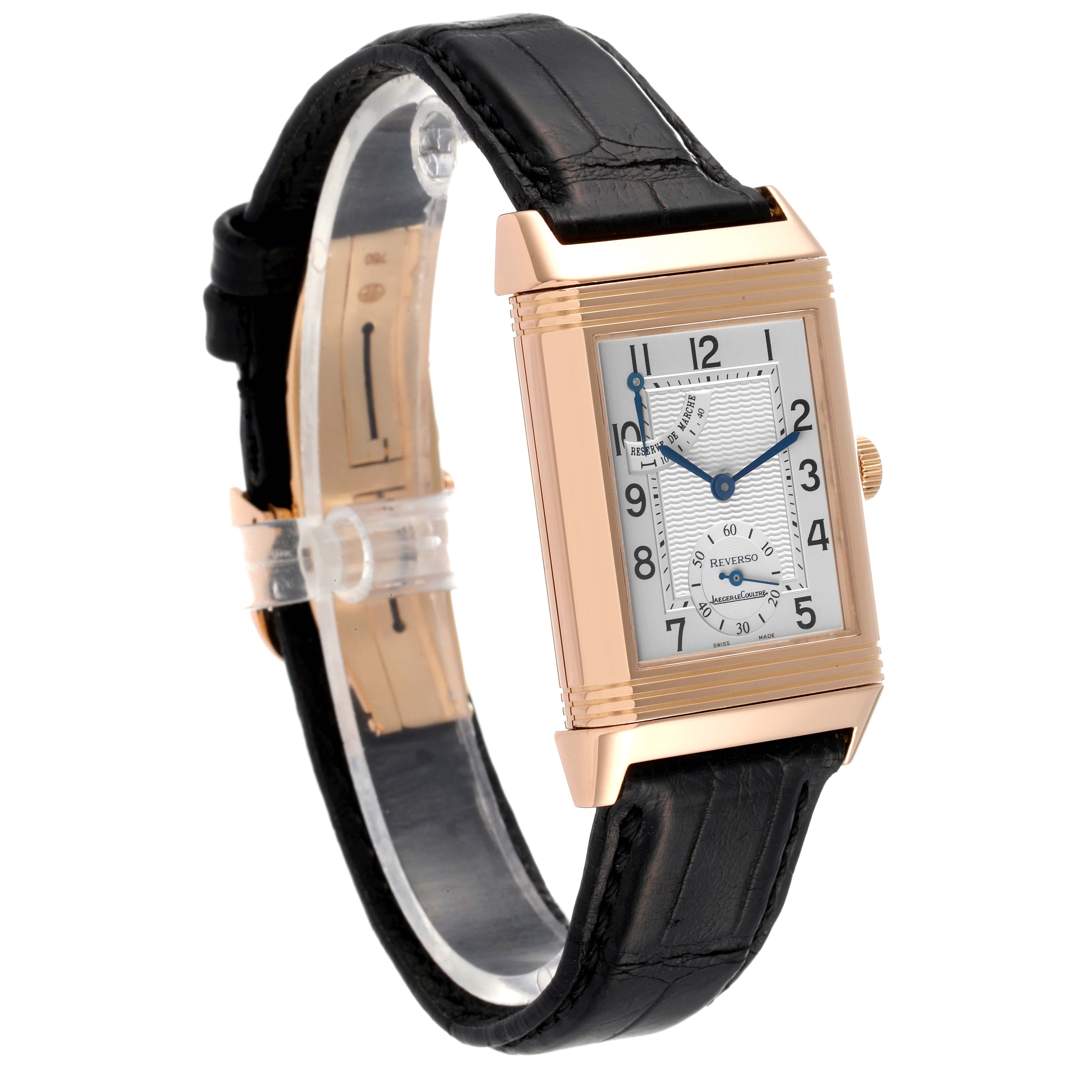 This image shows a frontal three-quarter view of the Jaeger-LeCoultre Reverso watch, displaying its face, case, and strap.