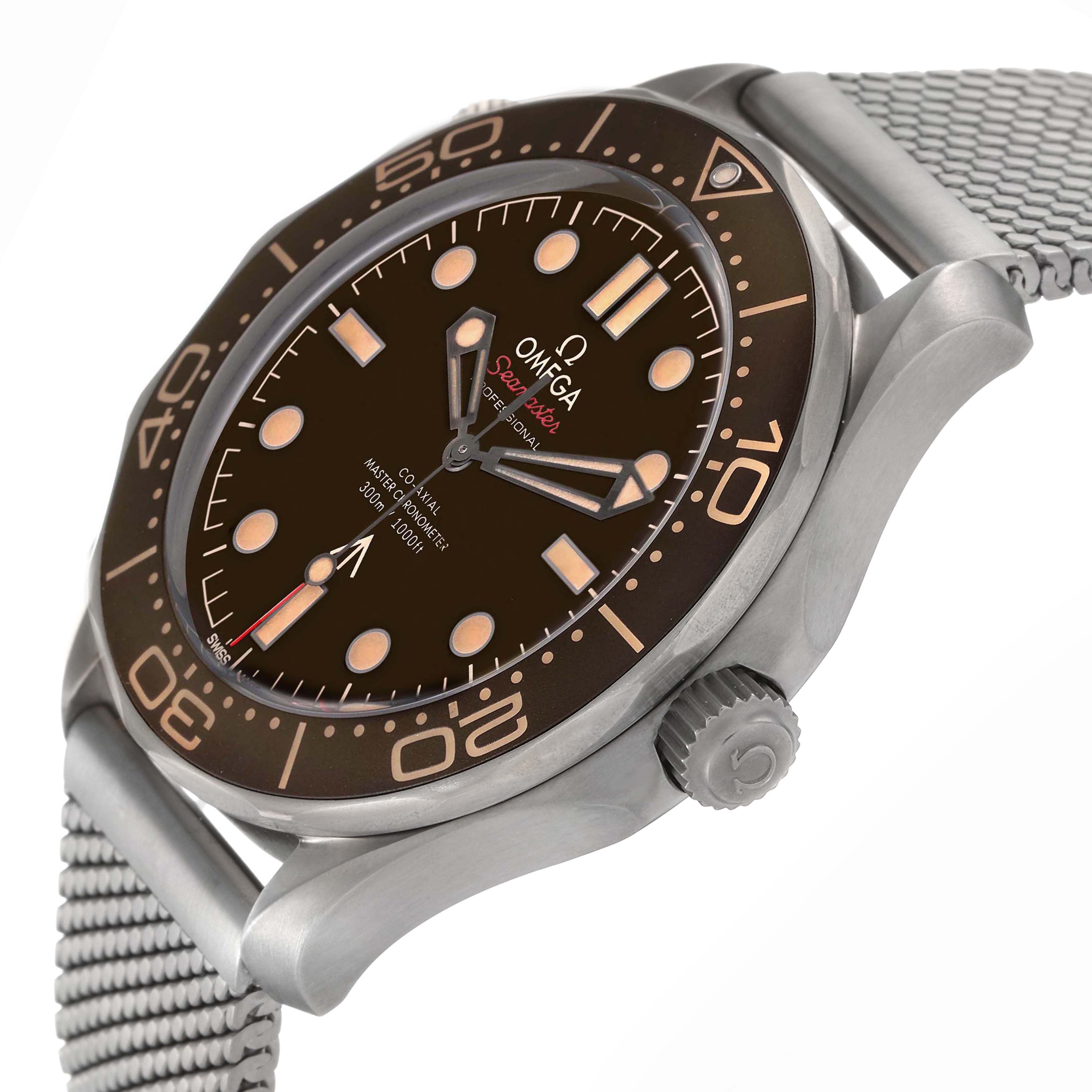 The Omega Seamaster 210.92.42.20.01.001 Men's Titanium Brown Dial is shown from a three-quarter angle, highlighting the face, bezel, crown, and mesh bracelet.