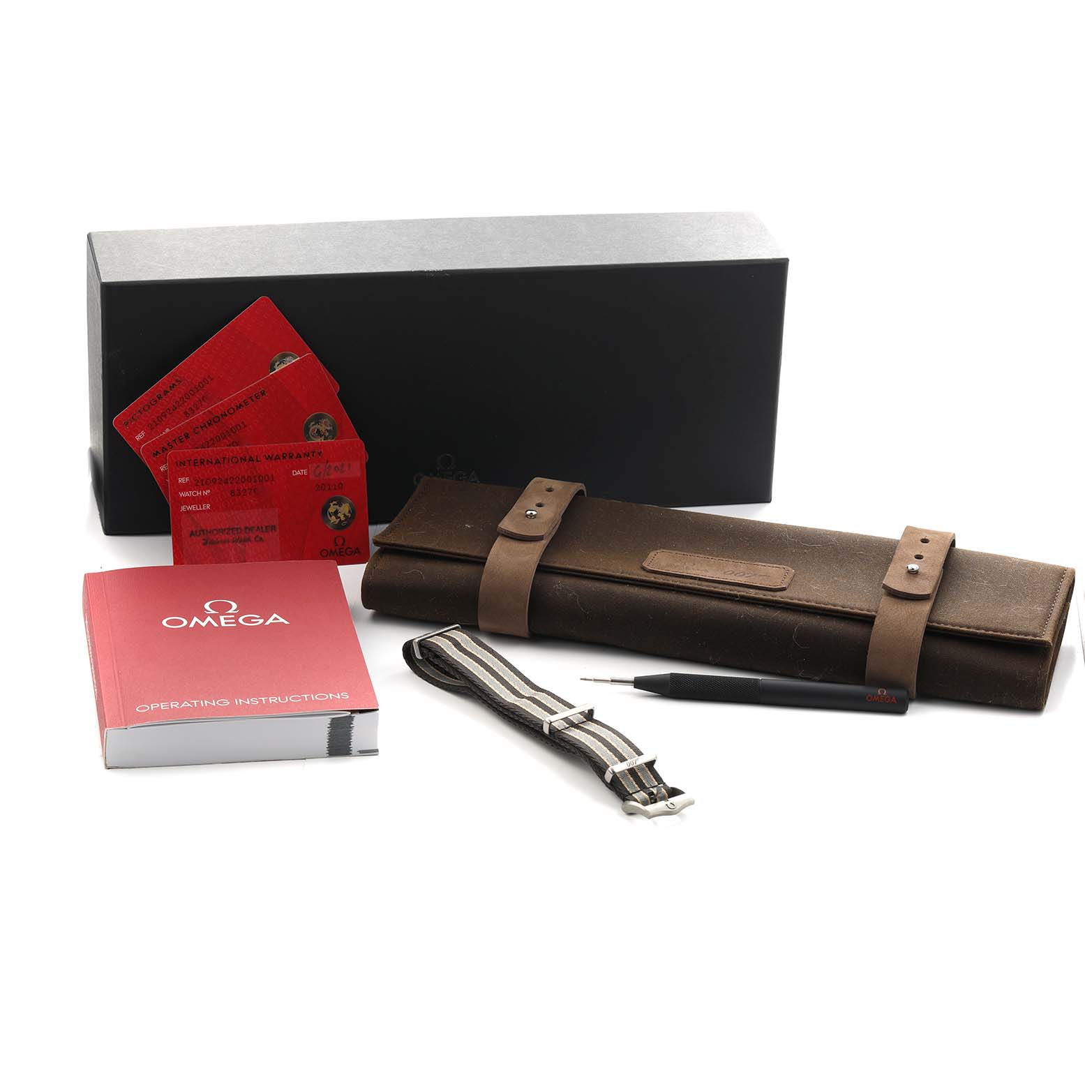 The image shows an Omega Seamaster 210.92.42.20.01.001 Men's Titanium Brown Dial watch set with a box, warranty cards, instruction manual, tool, strap, and leather pouch.