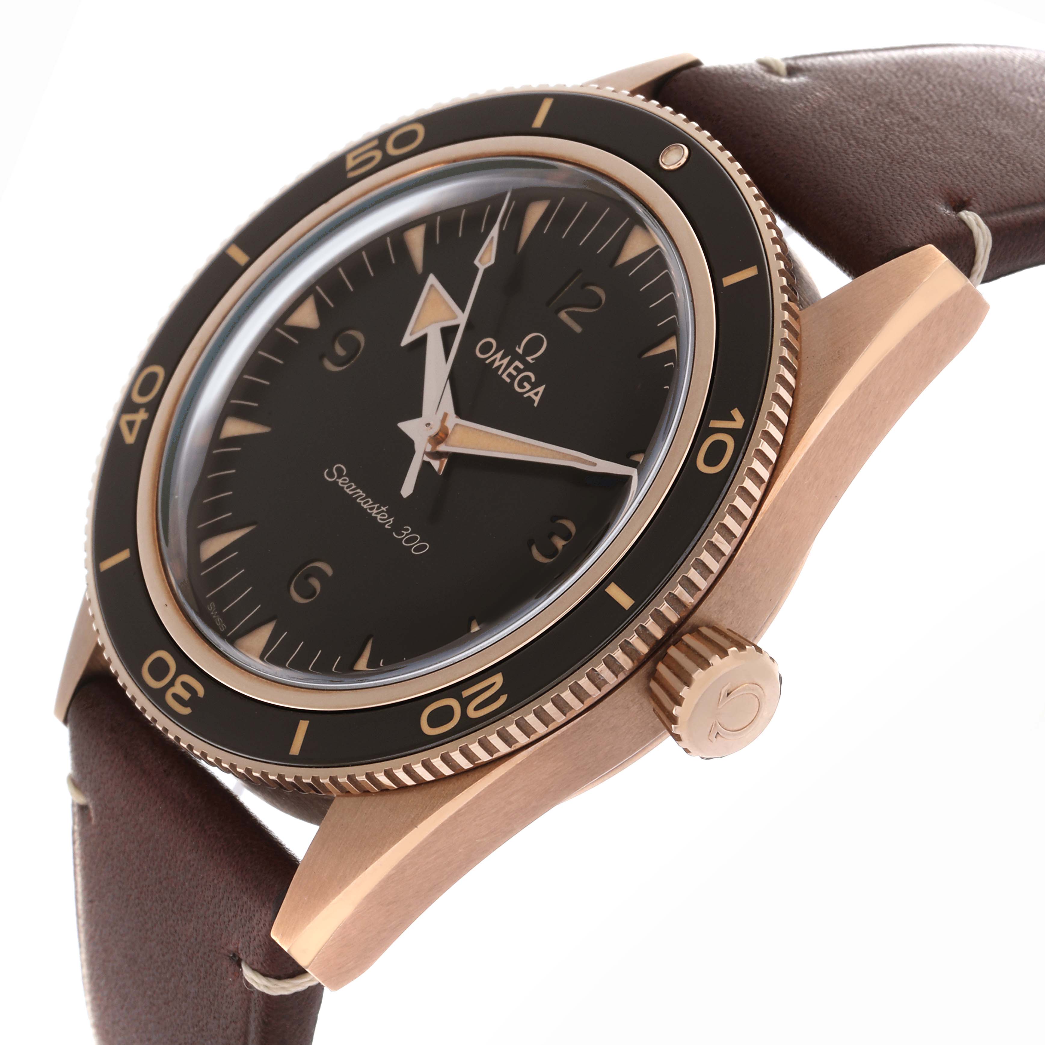 This Omega Seamaster 234.92.41.21.10.001 Men's Bronze Brown Dial watch is shown at an angled side view highlighting the dial, bezel, crown, and part of the strap.