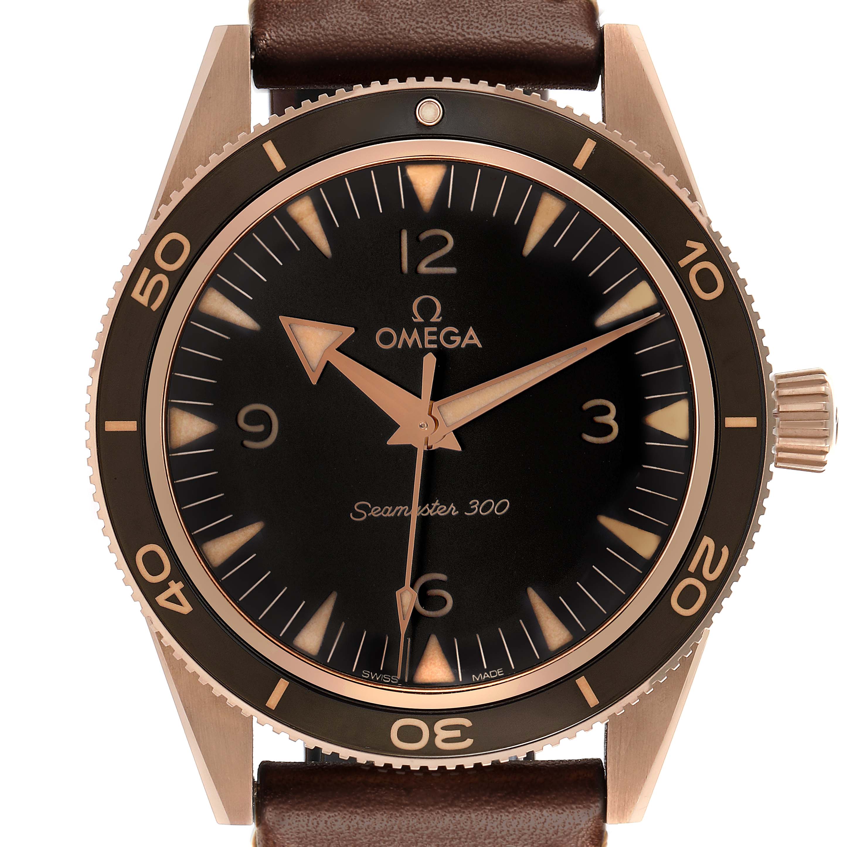 The Omega Seamaster 234.92.41.21.10.001 Men's Bronze Brown Dial is shown from the front, highlighting its dial, bezel, and crown with a brown leather strap attached.