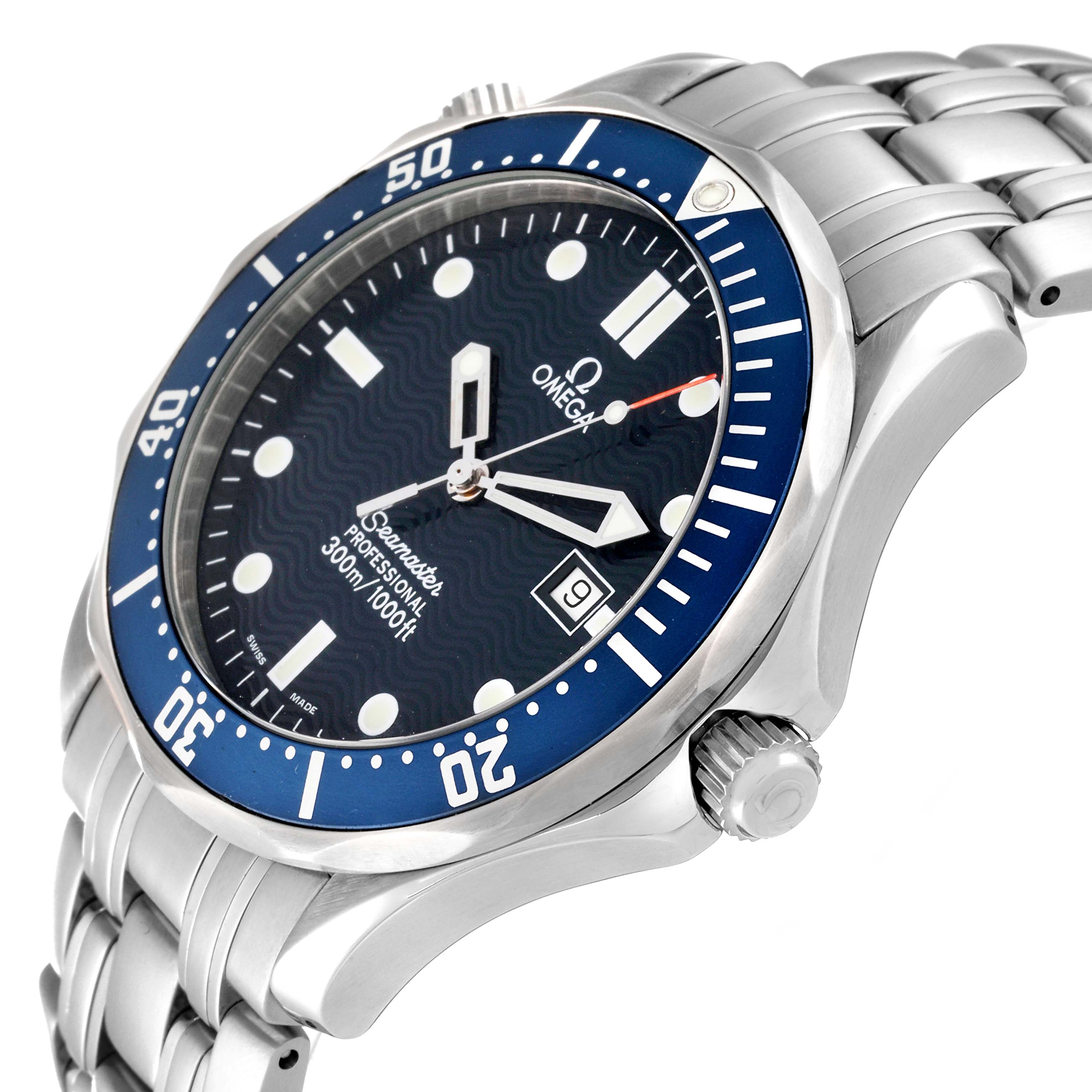The Omega Seamaster 2541.80.00 Men
s Stainless Steel Blue Dial 2541.80.00 Men
s Stainless Steel Blue Dial watch is shown at an angle highlighting the face, bezel, crown, and part of the bracelet.