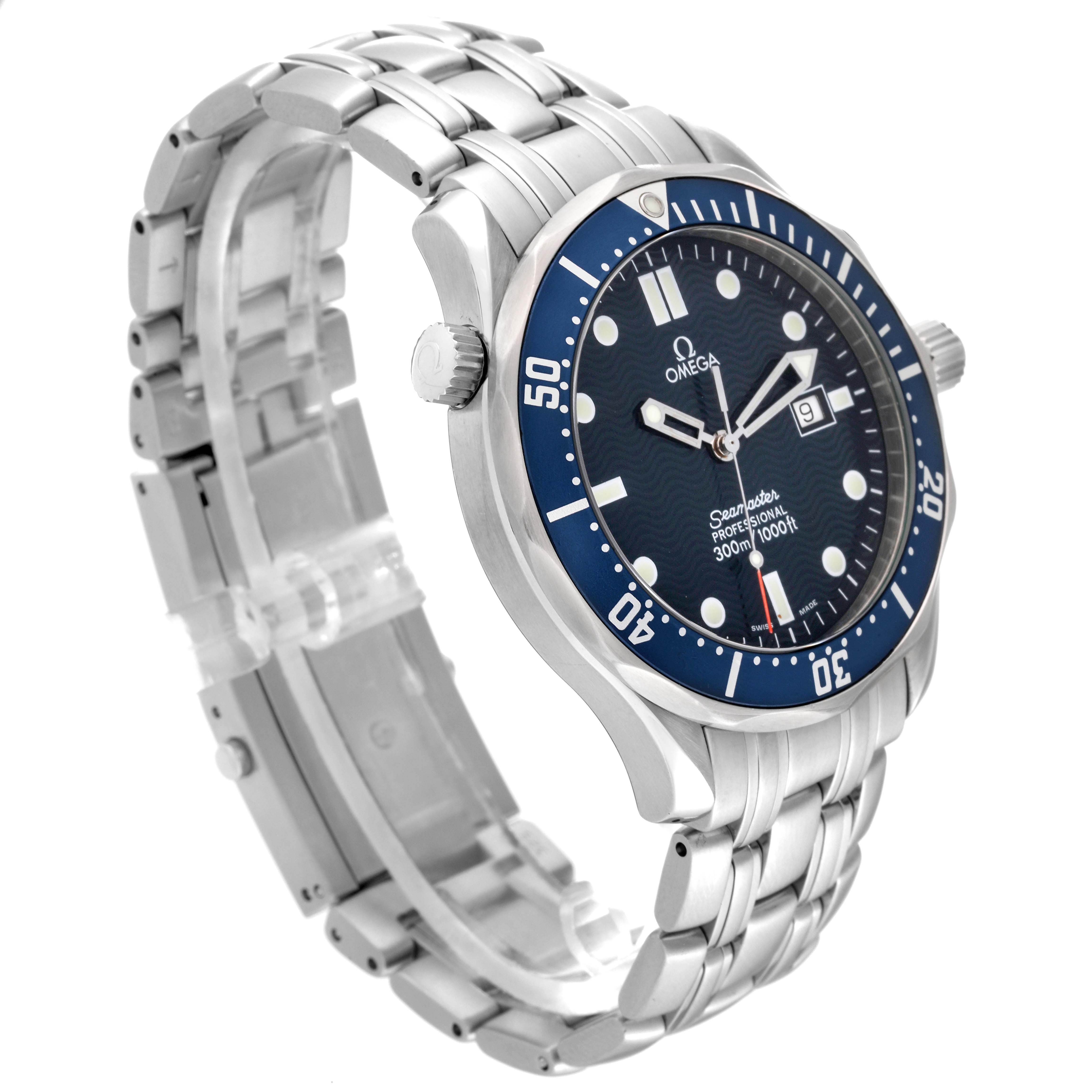 The Omega Seamaster 2541.80.00 Men
s Stainless Steel Blue Dial 2541.80.00 Men
s Stainless Steel Blue Dial watch is shown at a three-quarter angle, featuring its face, bezel, crown, and stainless steel bracelet.