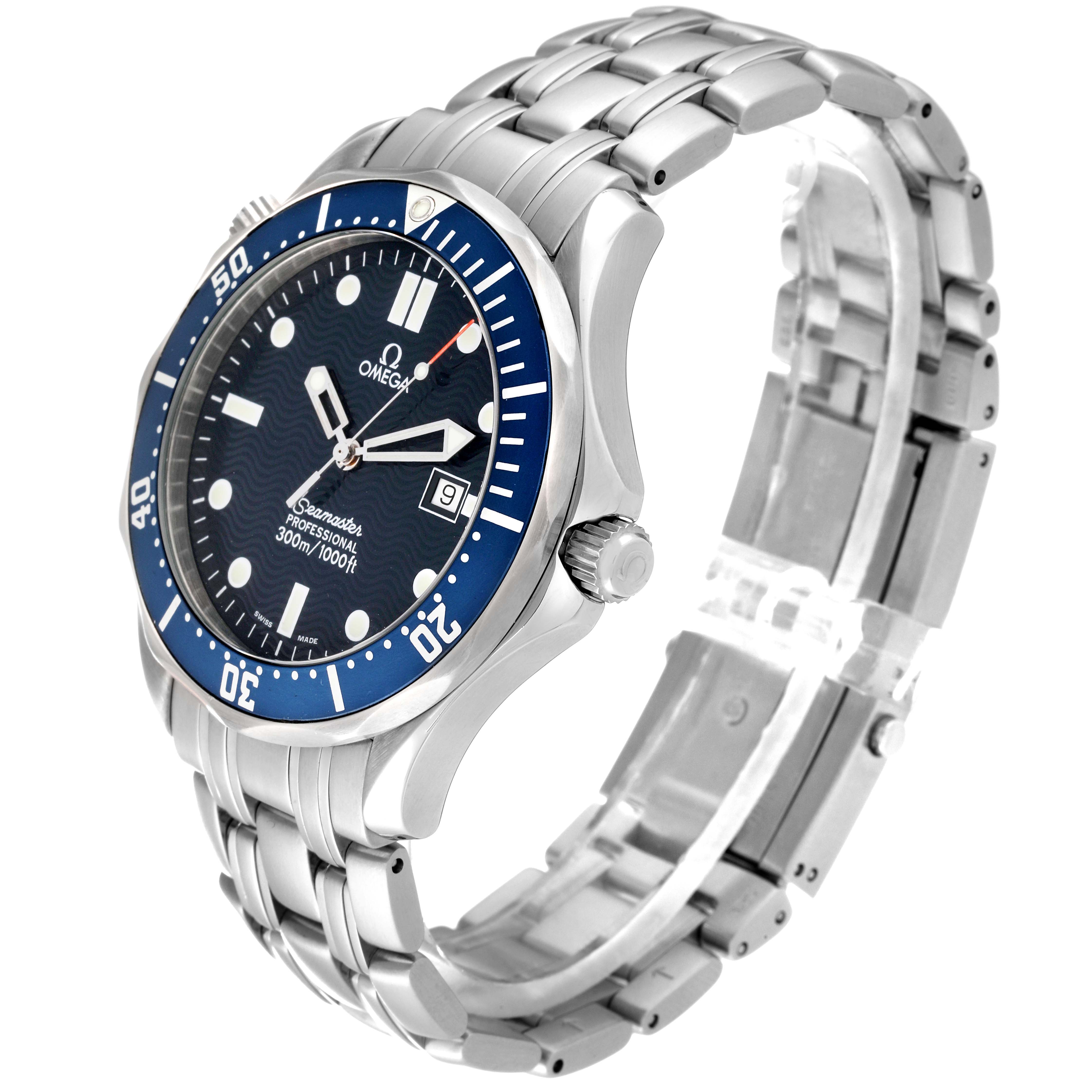 The Omega Seamaster 2541.80.00 Men
s Stainless Steel Blue Dial 2541.80.00 Men
s Stainless Steel Blue Dial watch is shown at an angled view, highlighting the dial, bezel, crown, and stainless steel bracelet.