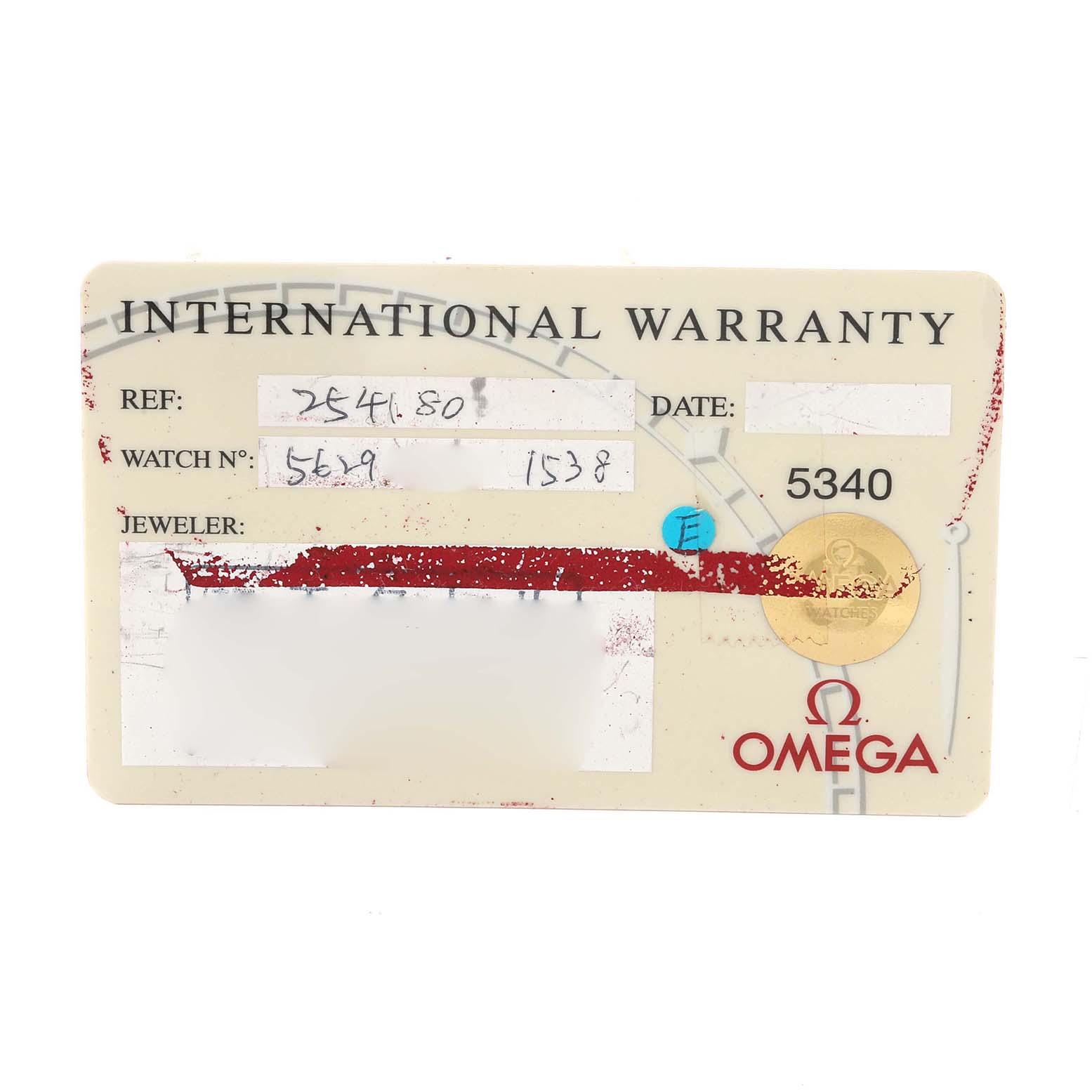 The image shows the international warranty card for an Omega Seamaster 2541.80.00 Men
s Stainless Steel Blue Dial 2541.80.00 Men
s Stainless Steel Blue Dial watch model.