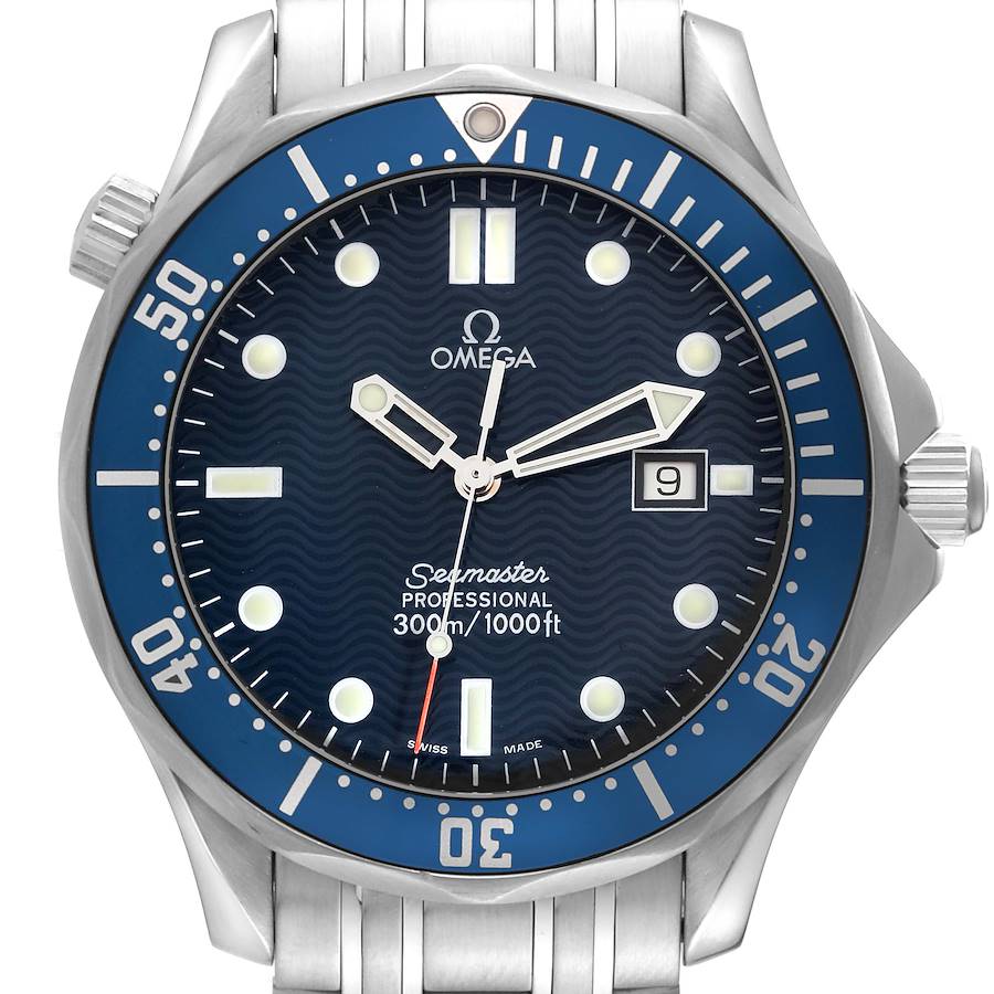 The image shows a front view of the Omega Seamaster watch, highlighting the dial, bezel, hands, and date window.