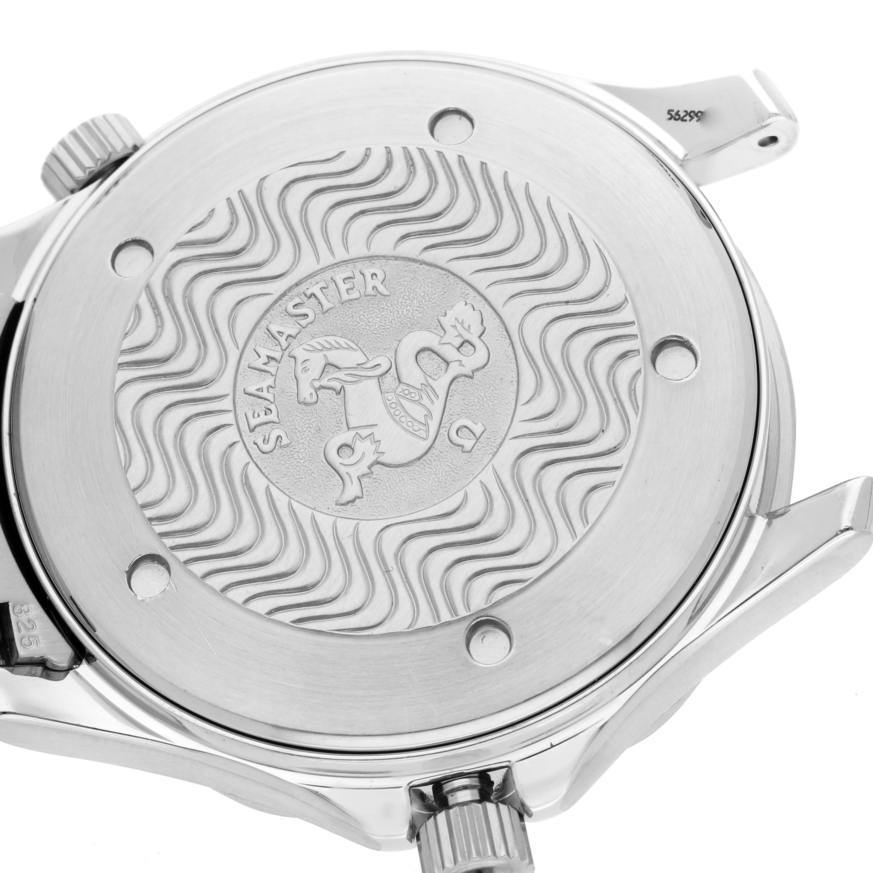 The image shows the back case of an Omega Seamaster 2541.80.00 Men
s Stainless Steel Blue Dial 2541.80.00 Men
s Stainless Steel Blue Dial watch, highlighting its engraved design and crown.