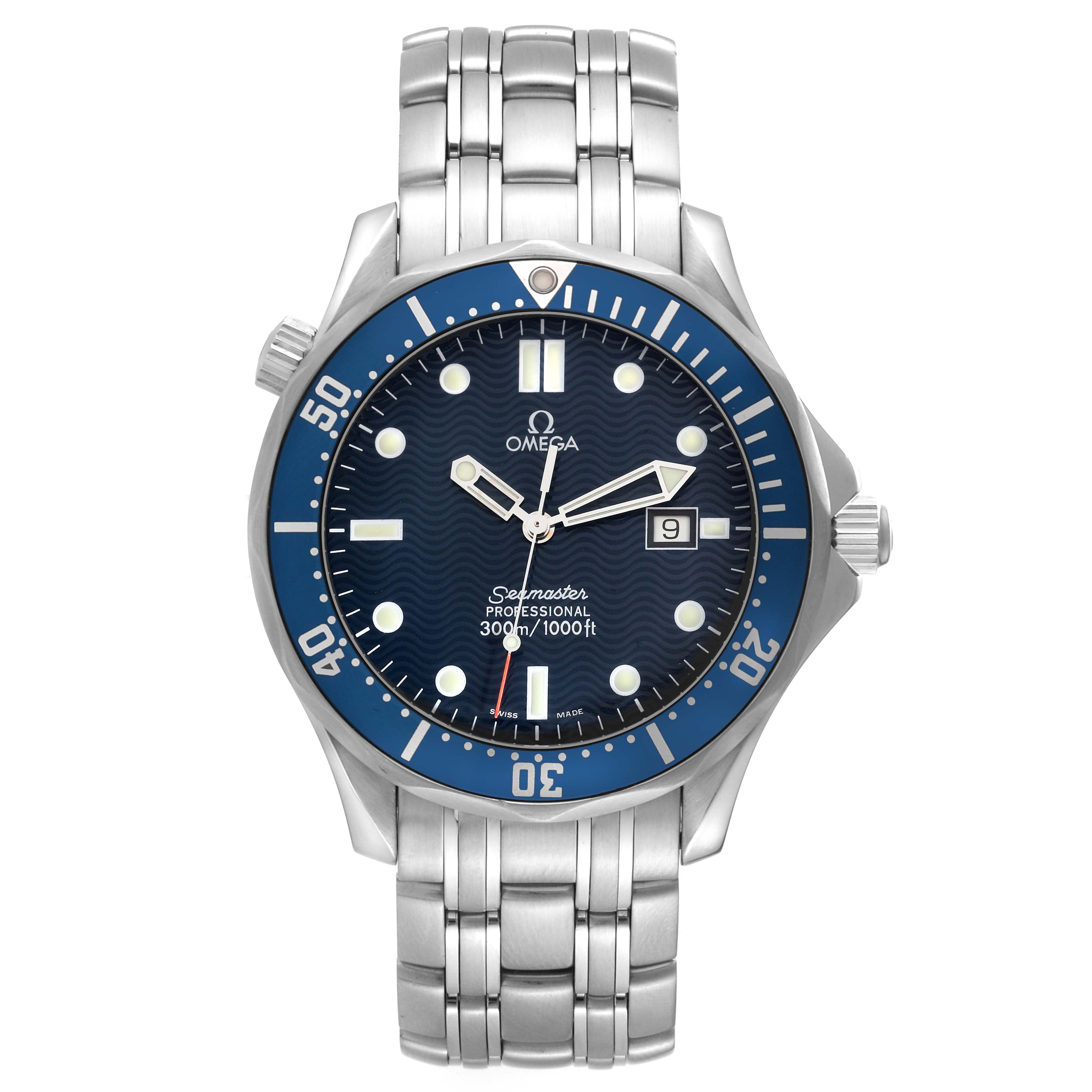 This image shows the Omega Seamaster 2541.80.00 Men
s Stainless Steel Blue Dial 2541.80.00 Men
s Stainless Steel Blue Dial watch in a frontal view, highlighting its dial, bezel, hands, and metal bracelet.