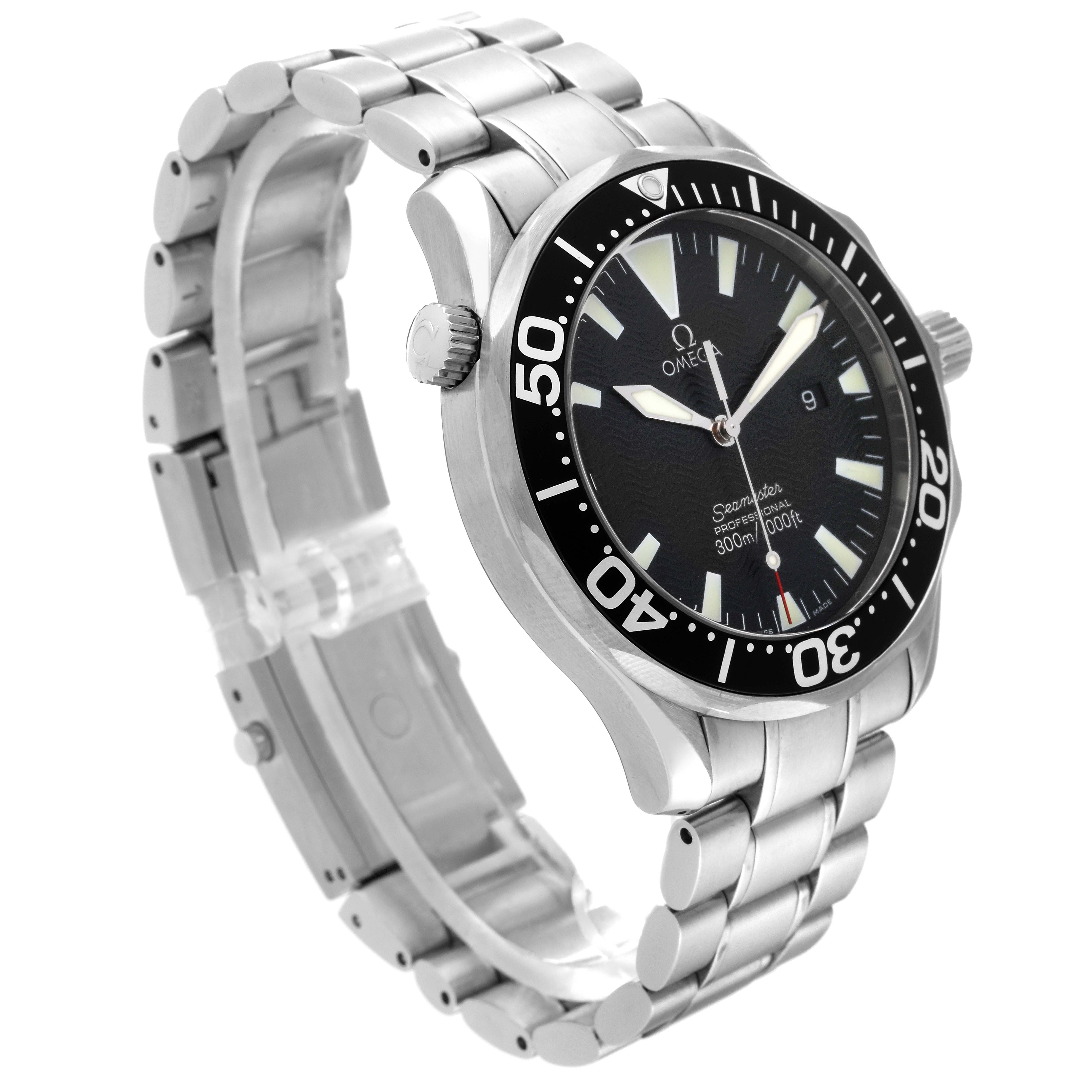 This image shows an angled view of an Omega Seamaster 2264.50.00 Men
s Stainless Steel Black Dial 2264.50.00 Men
s Stainless Steel Black Dial watch, highlighting its bracelet, bezel, face, and crown.
