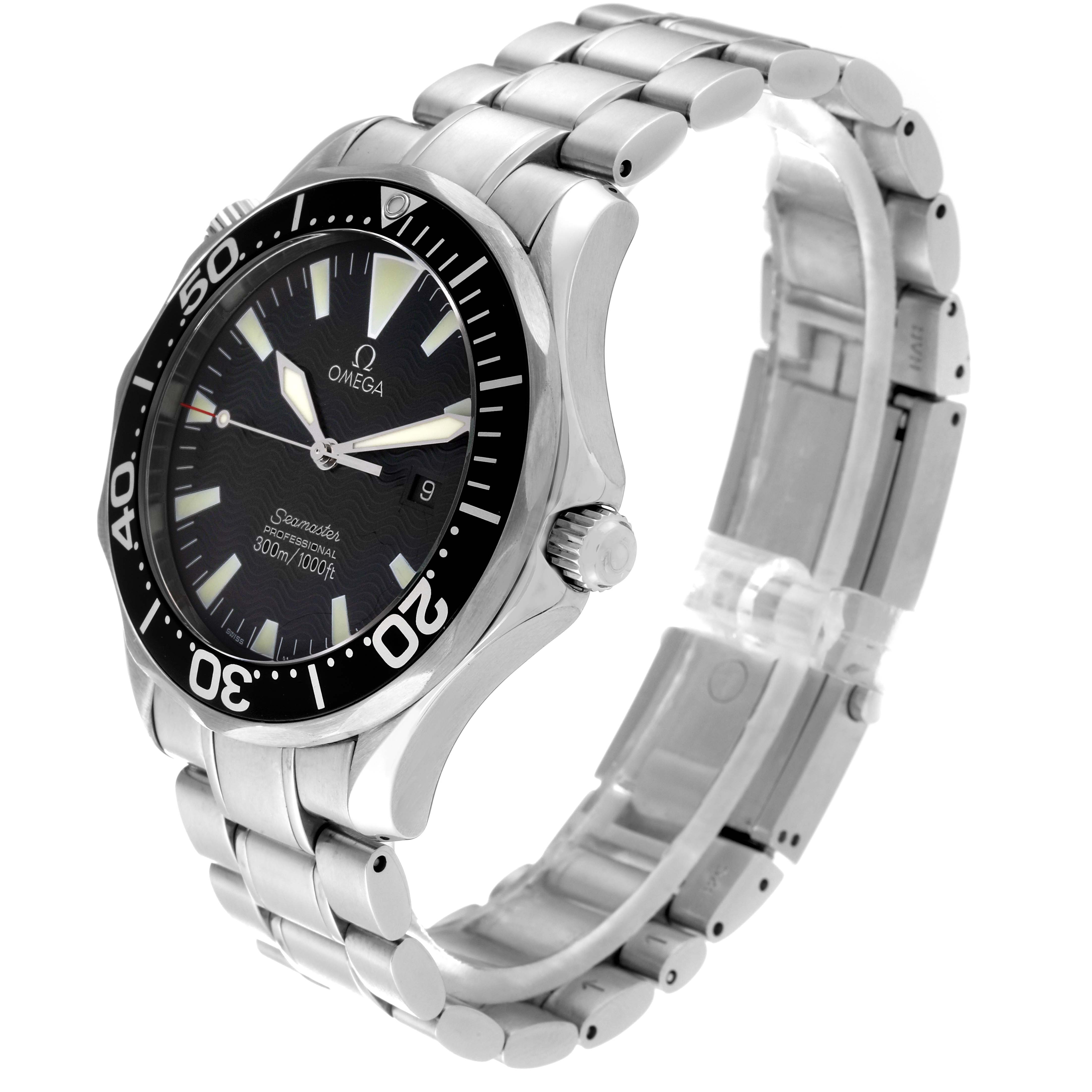 The image shows a side angle of the Omega Seamaster 2264.50.00 Men
s Stainless Steel Black Dial 2264.50.00 Men
s Stainless Steel Black Dial watch, featuring its bezel, dial, crown, and stainless steel bracelet.