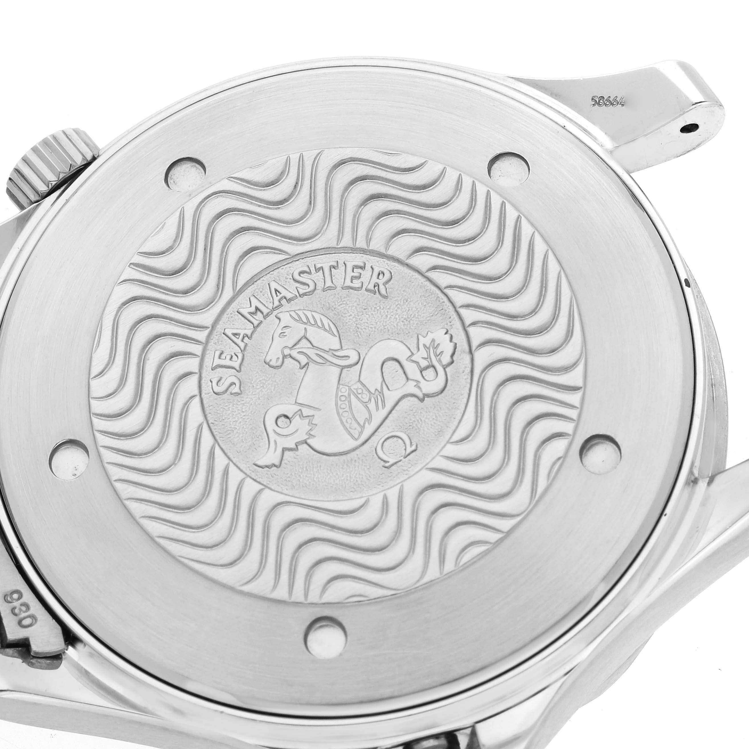 The image shows the case back of an Omega Seamaster 2264.50.00 Men
s Stainless Steel Black Dial 2264.50.00 Men
s Stainless Steel Black Dial watch with the brand engraving and logo.