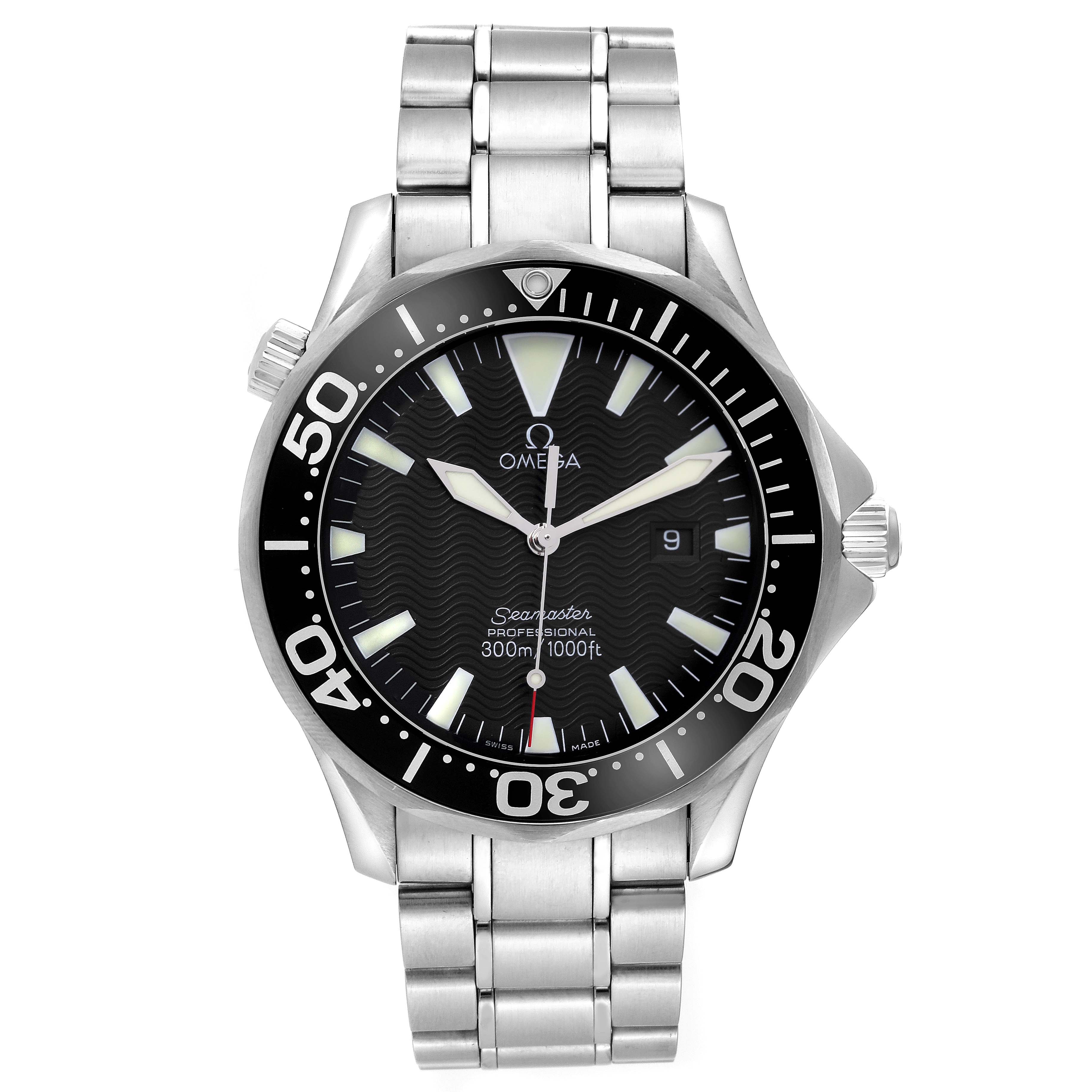 The image shows a front view of the Omega Seamaster 2264.50.00 Men
s Stainless Steel Black Dial 2264.50.00 Men
s Stainless Steel Black Dial watch with its stainless steel bracelet and bezel.