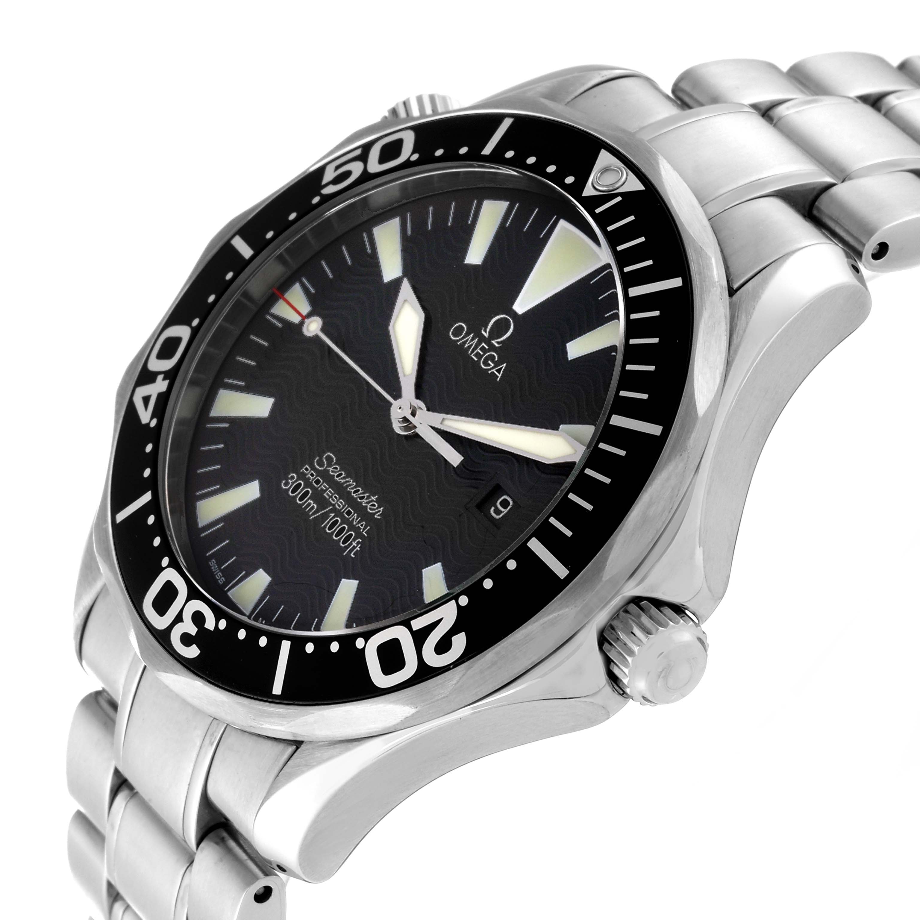 This image shows a side angle of the Omega Seamaster 2264.50.00 Men
s Stainless Steel Black Dial 2264.50.00 Men
s Stainless Steel Black Dial watch, highlighting the dial, bezel, crown, and part of the bracelet.