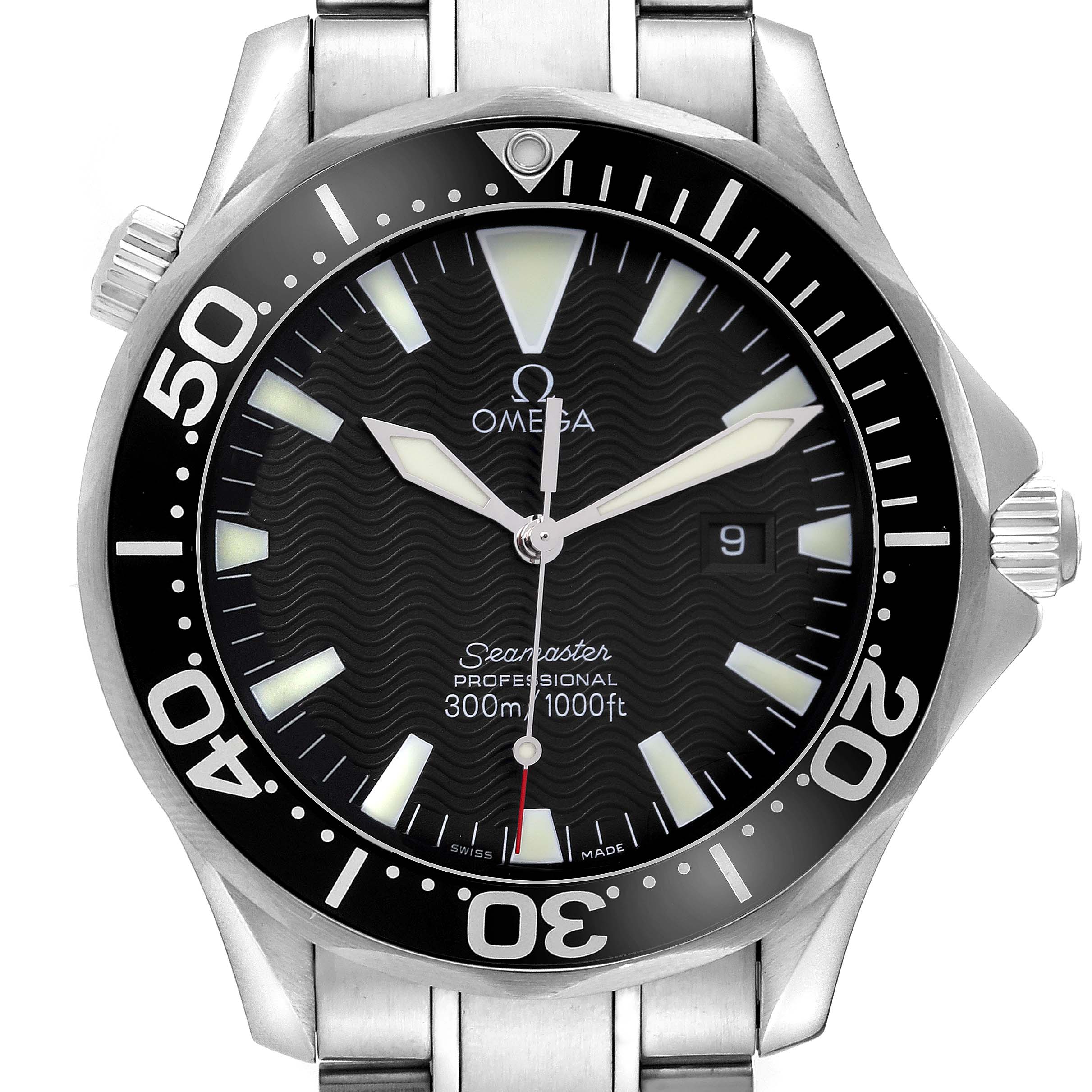 The image shows a front view of the Omega Seamaster 2264.50.00 Men
s Stainless Steel Black Dial 2264.50.00 Men
s Stainless Steel Black Dial watch, highlighting the bezel, dial, hands, and part of the bracelet.
