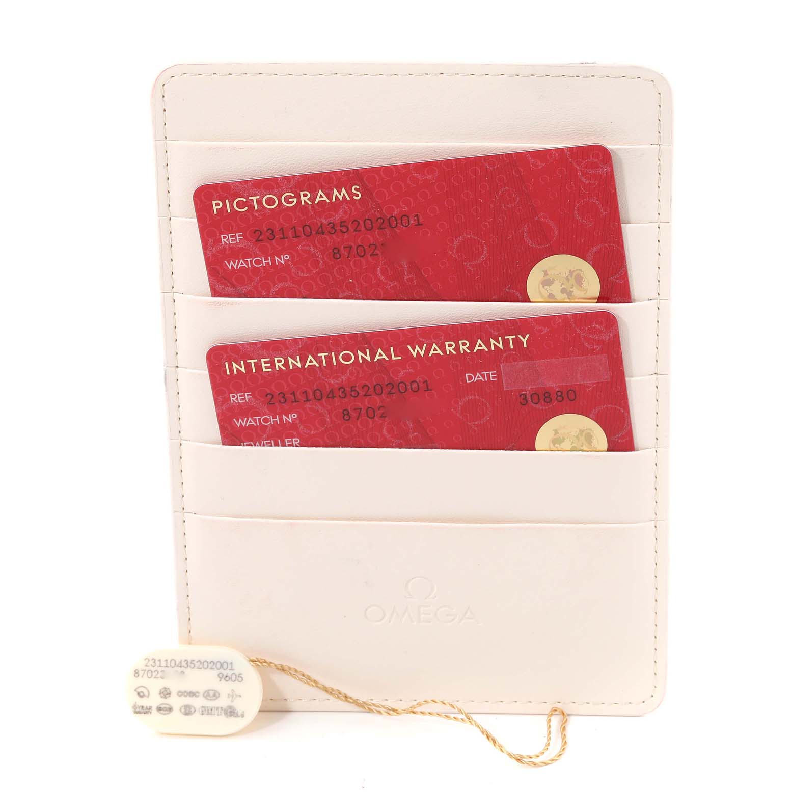 The image shows warranty cards and a tag for an Omega Aqua Terra 231.10.43.52.02.001 Men
s Stainless Steel Silver Dial 231.10.43.52.02.001 Men
s Stainless Steel Silver Dial model watch, inside a cardholder.